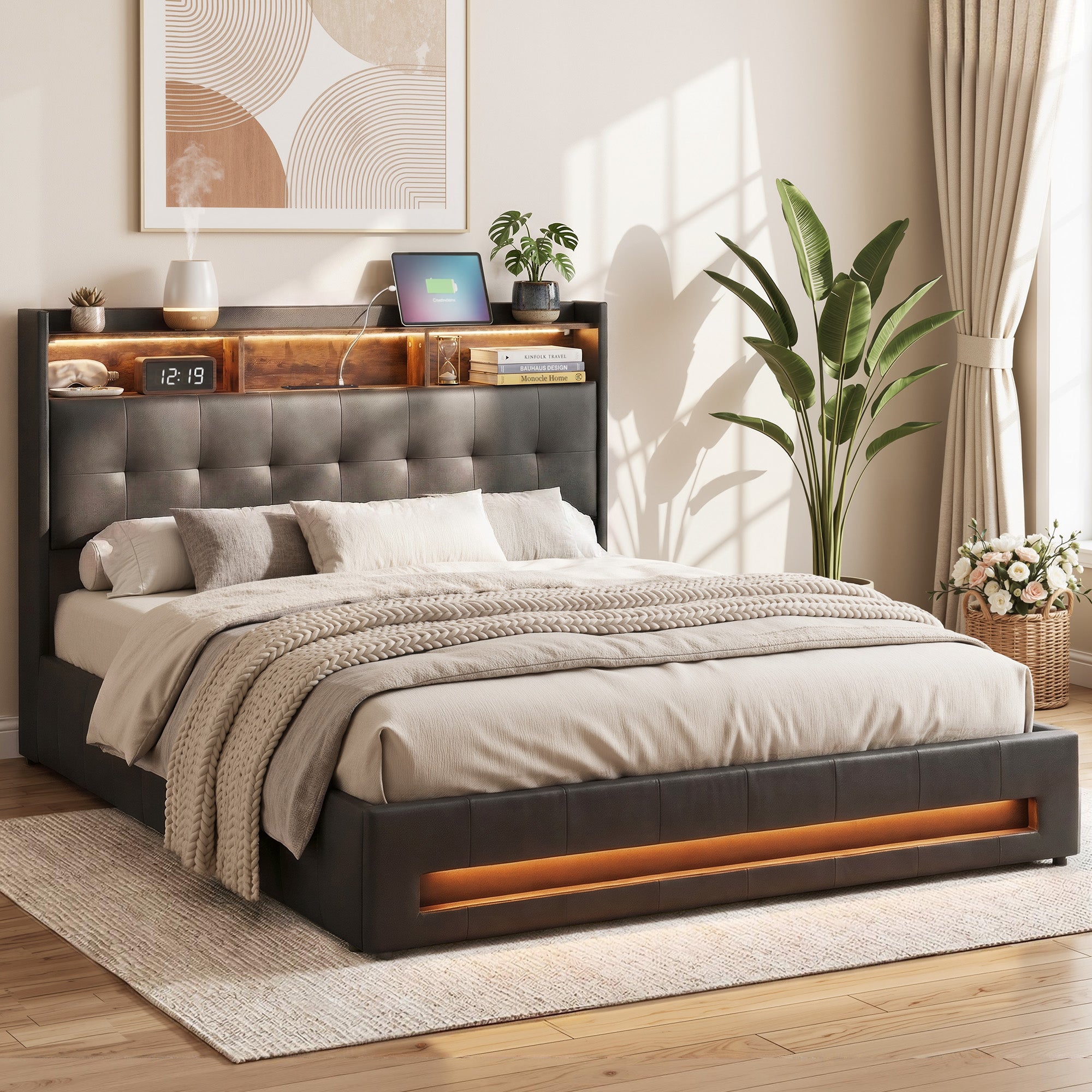 Artiss Queen Bed Frame with Gas Lift Storage LED Lights Charging Station Headboard with Open Shelf Bedworld