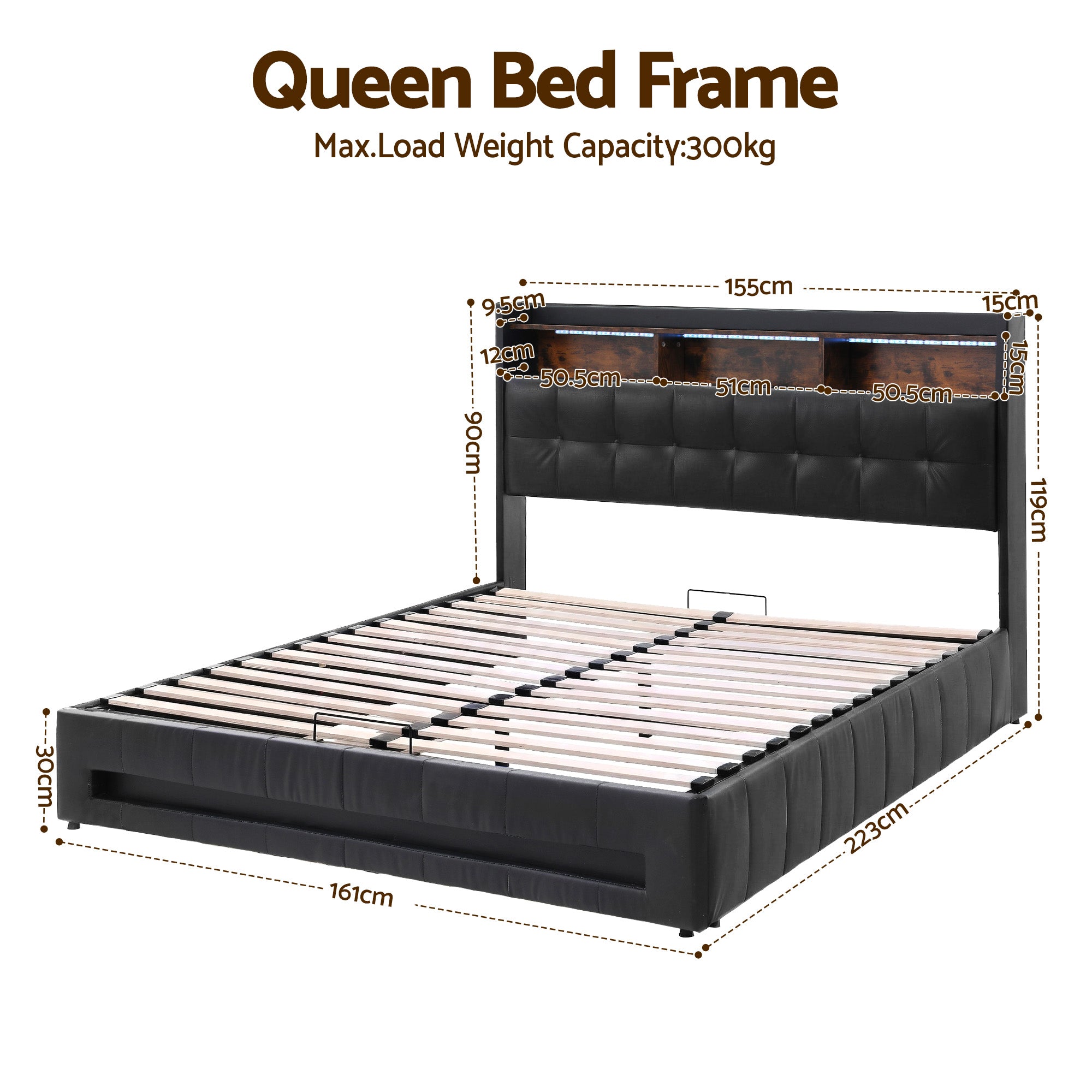 Artiss Queen Bed Frame with Gas Lift Storage LED Lights Charging Station Headboard with Open Shelf Bedworld