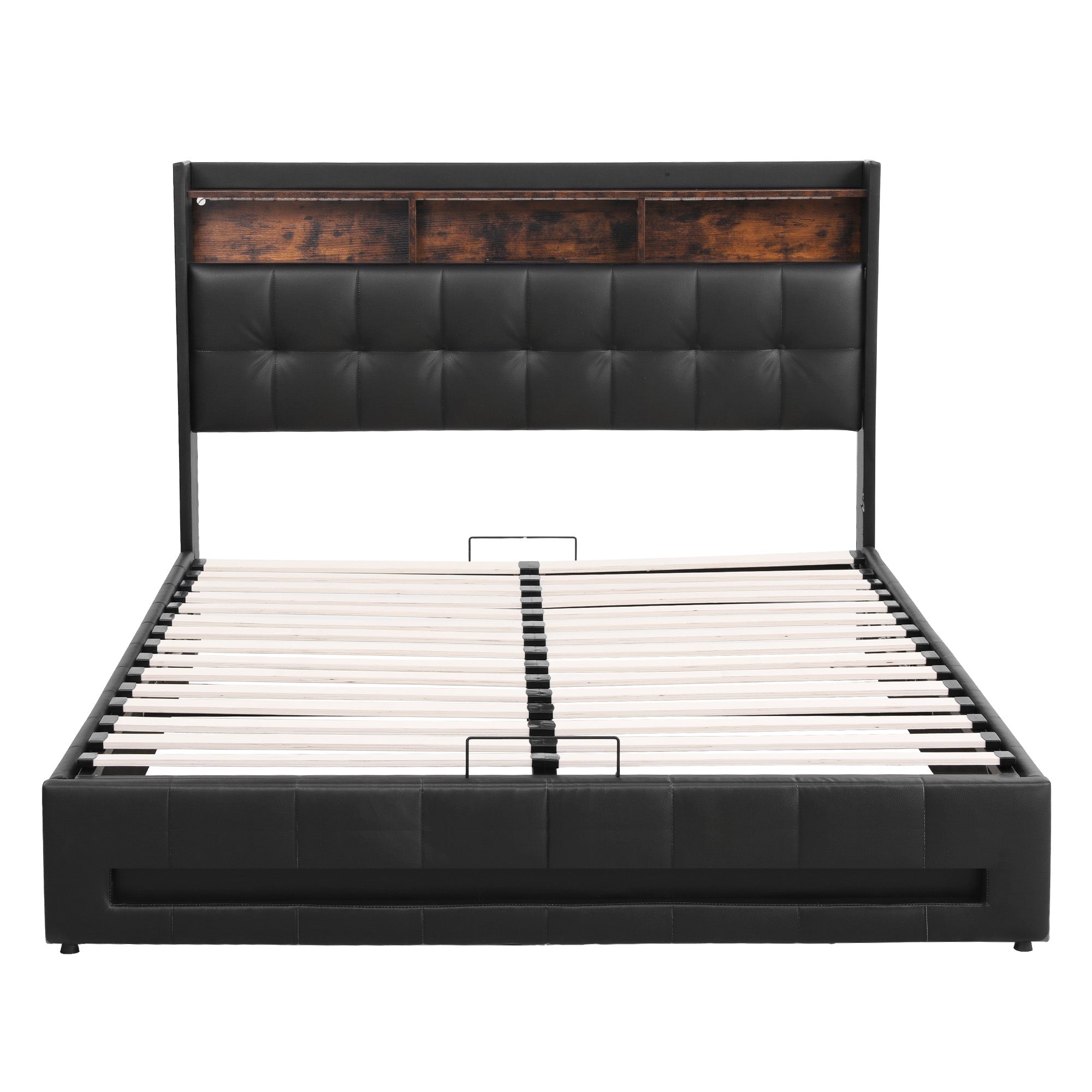 Artiss Queen Bed Frame with Gas Lift Storage LED Lights Charging Station Headboard with Open Shelf Bedworld