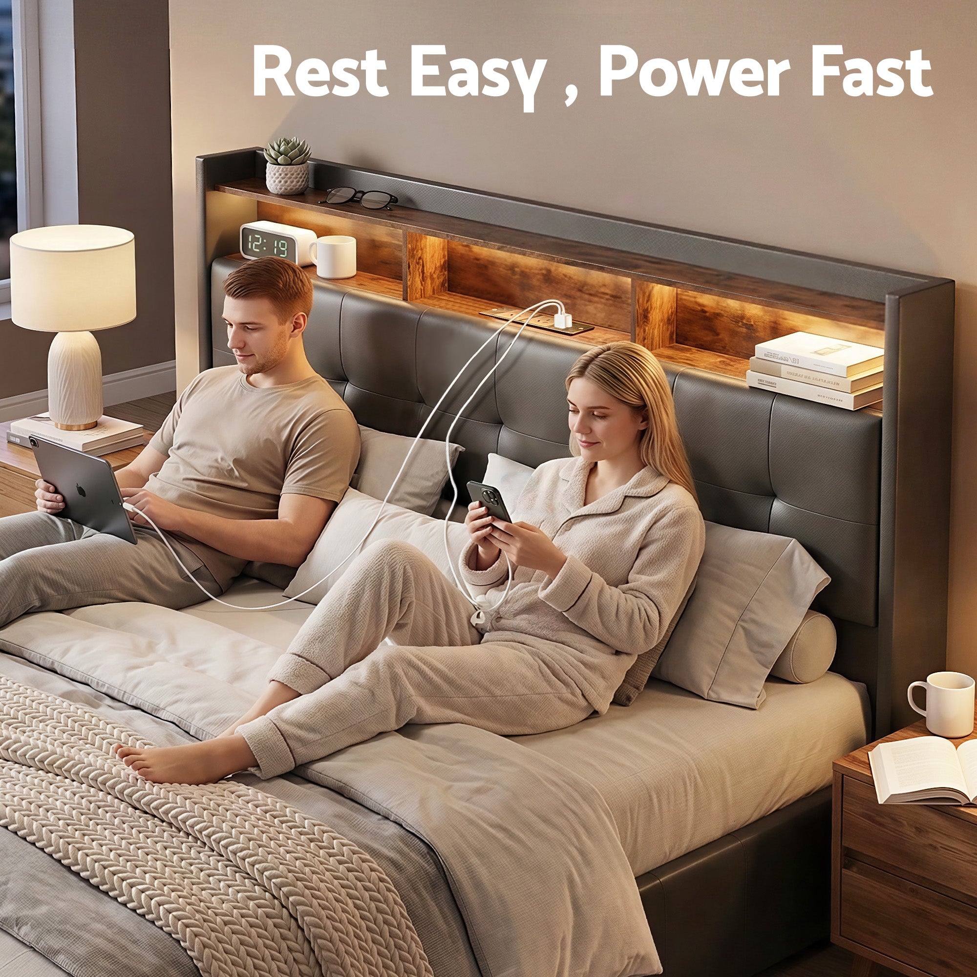 Artiss Queen Bed Frame with Gas Lift Storage LED Lights Charging Station Headboard with Open Shelf Bedworld