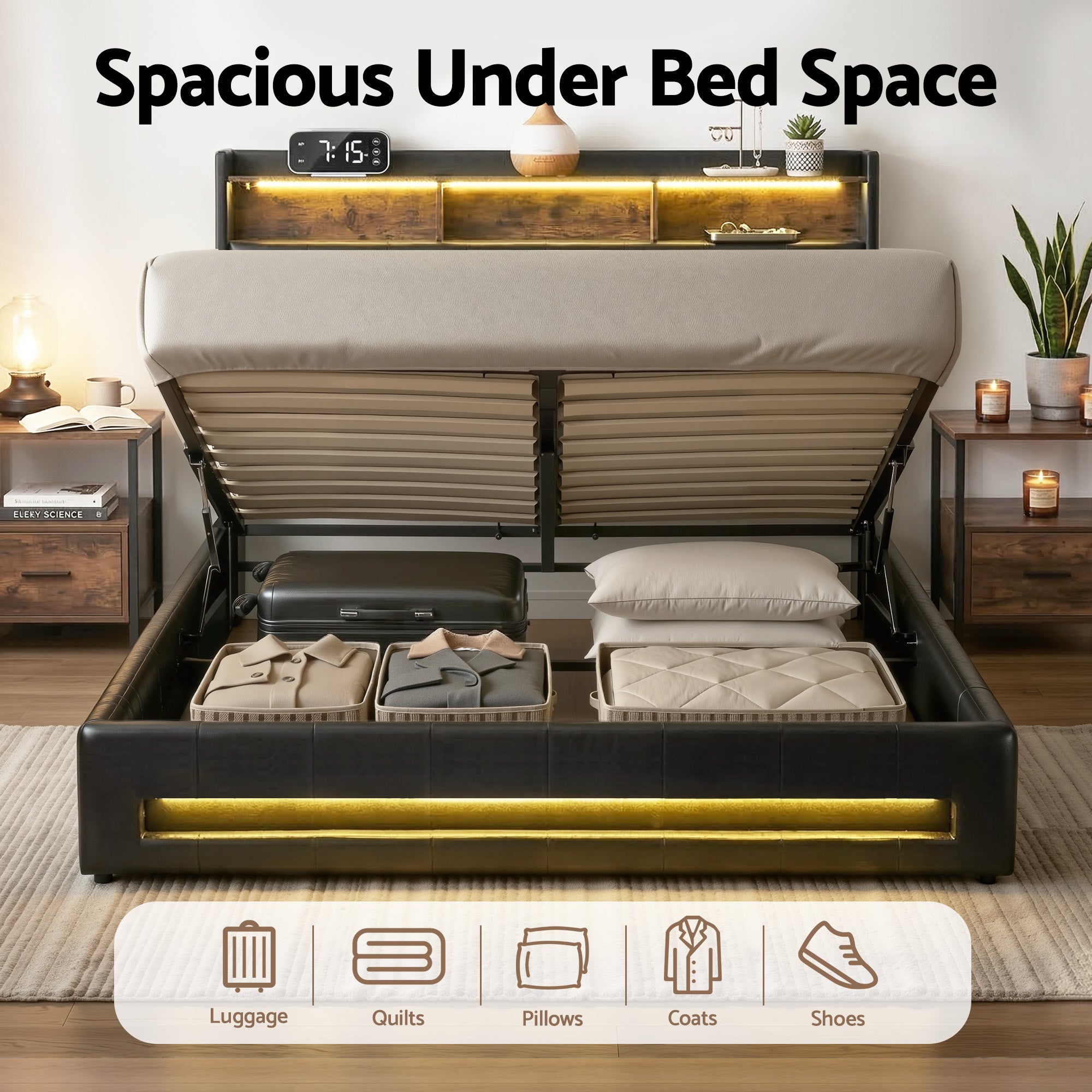 Artiss Queen Bed Frame with Gas Lift Storage LED Lights Charging Station Headboard with Open Shelf Bedworld