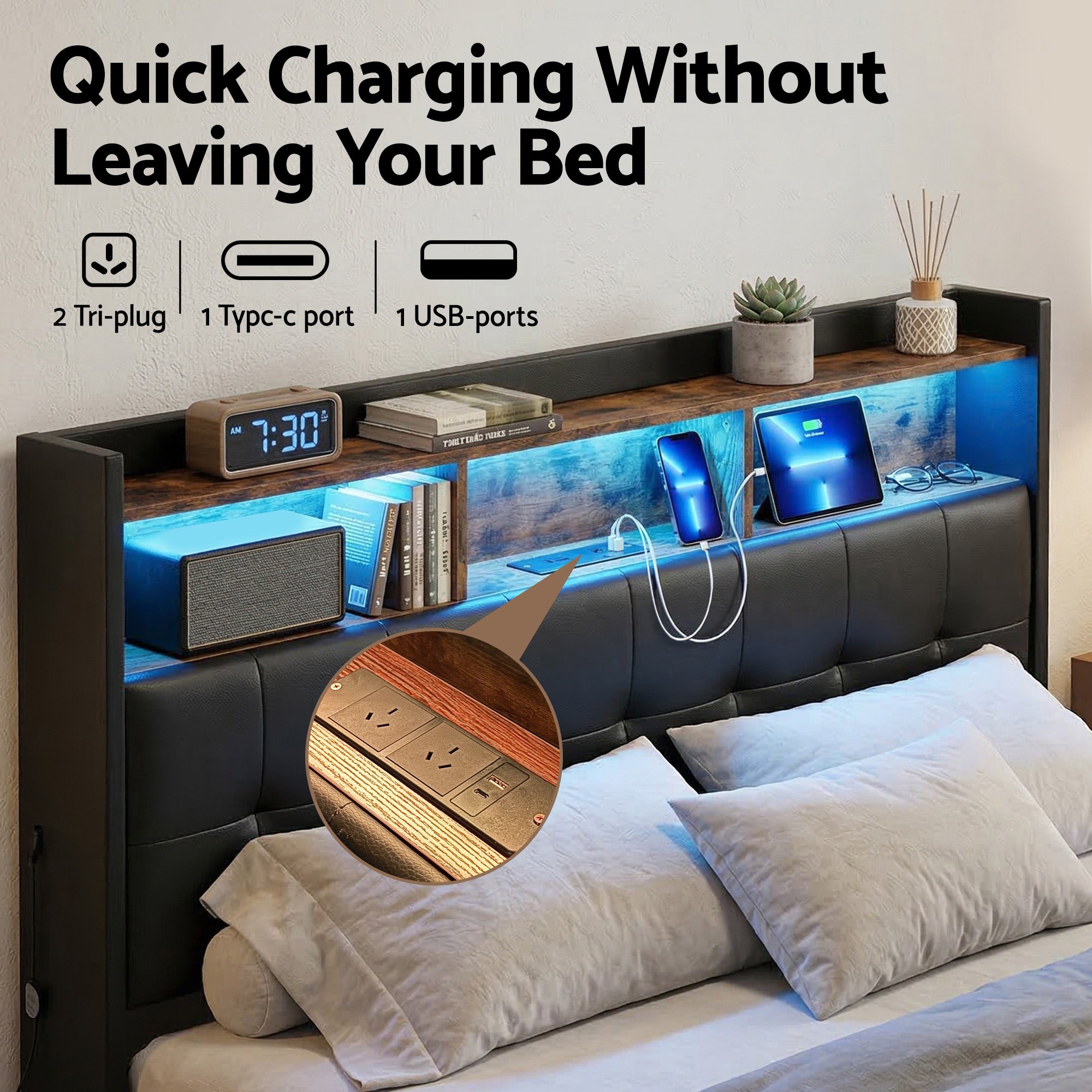 Artiss Queen Bed Frame with Gas Lift Storage LED Lights Charging Station Headboard with Open Shelf Bedworld