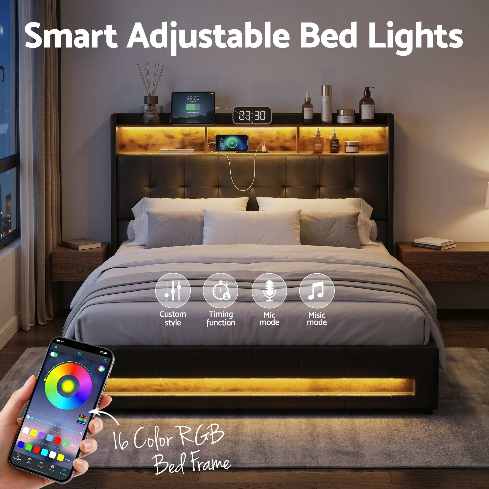 Artiss Queen Bed Frame with Gas Lift Storage LED Lights Charging Station Headboard with Open Shelf Bedworld