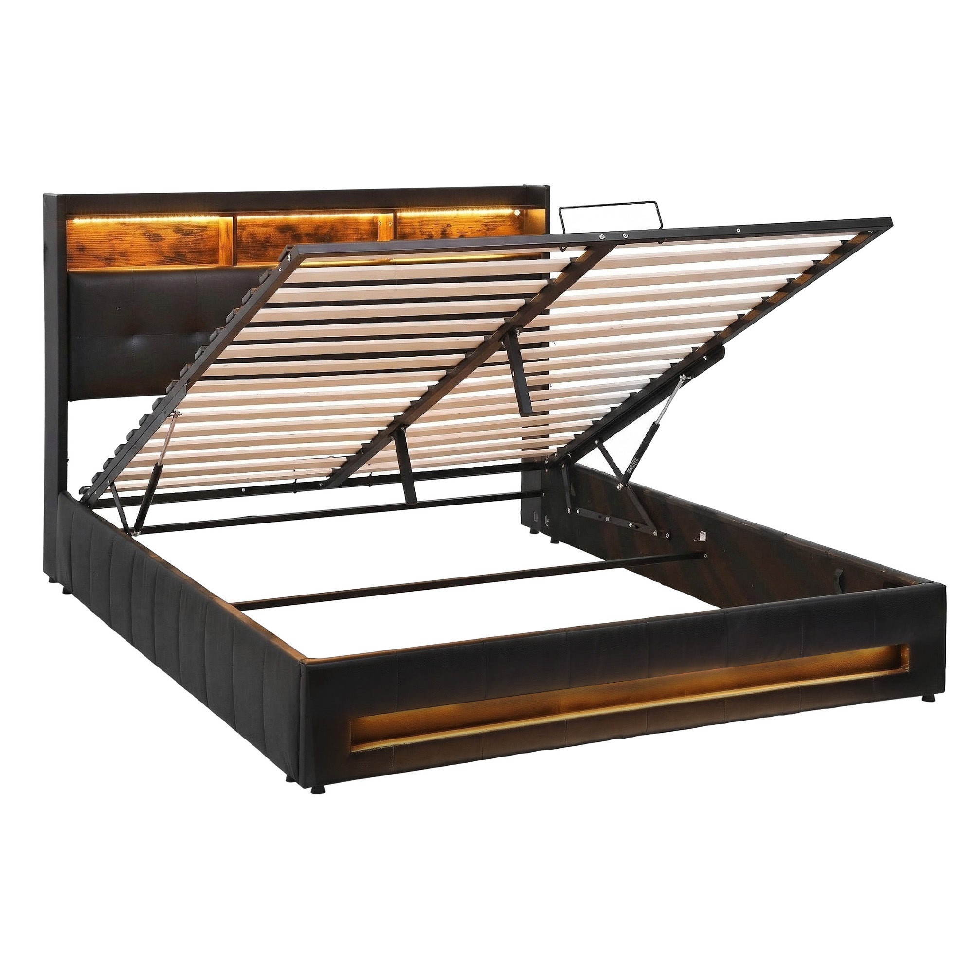 Artiss Queen Bed Frame with Gas Lift Storage LED Lights Charging Station Headboard with Open Shelf Bedworld