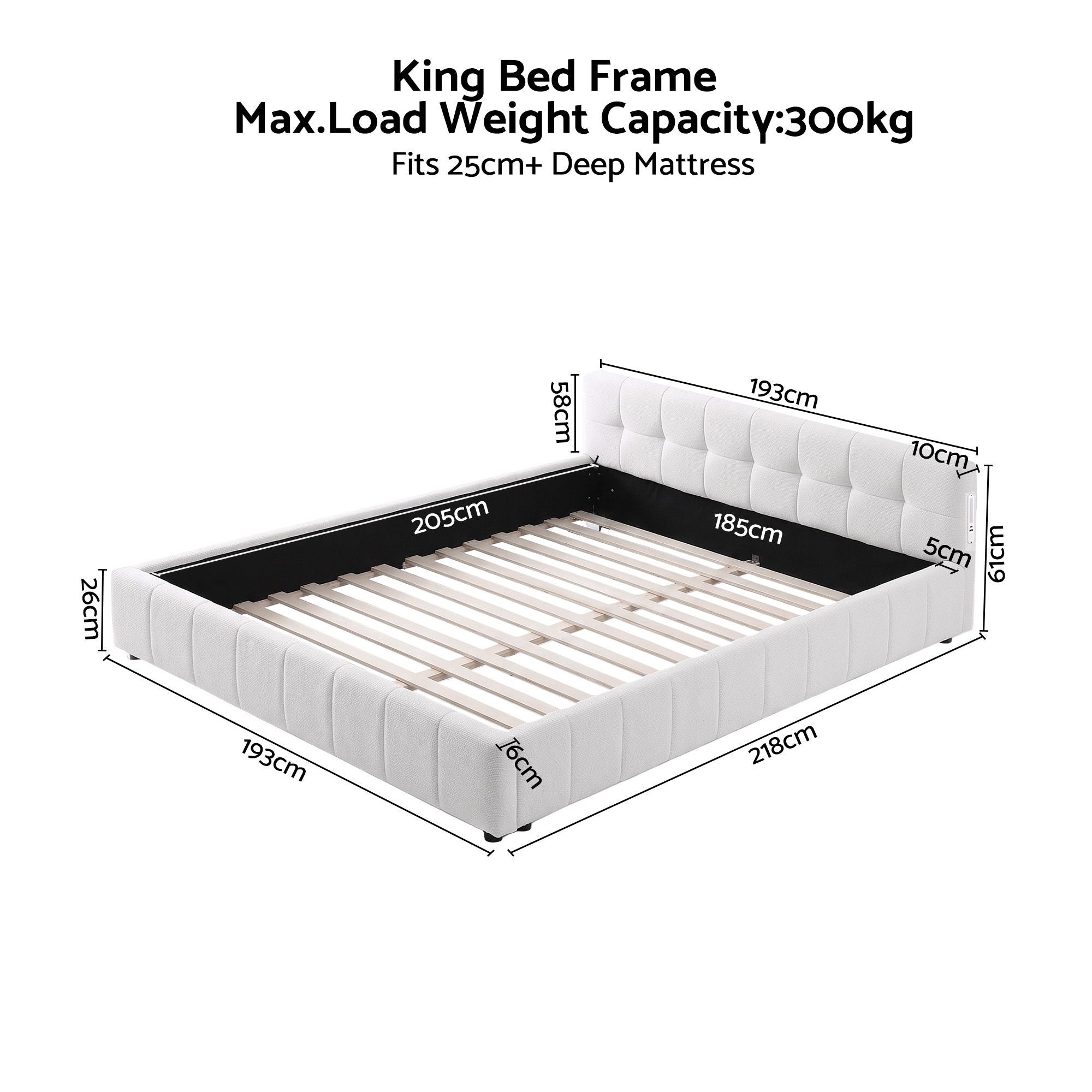 Artiss King Bed Frame with Charging, LED Lights & Tufted Headboard Bedworld