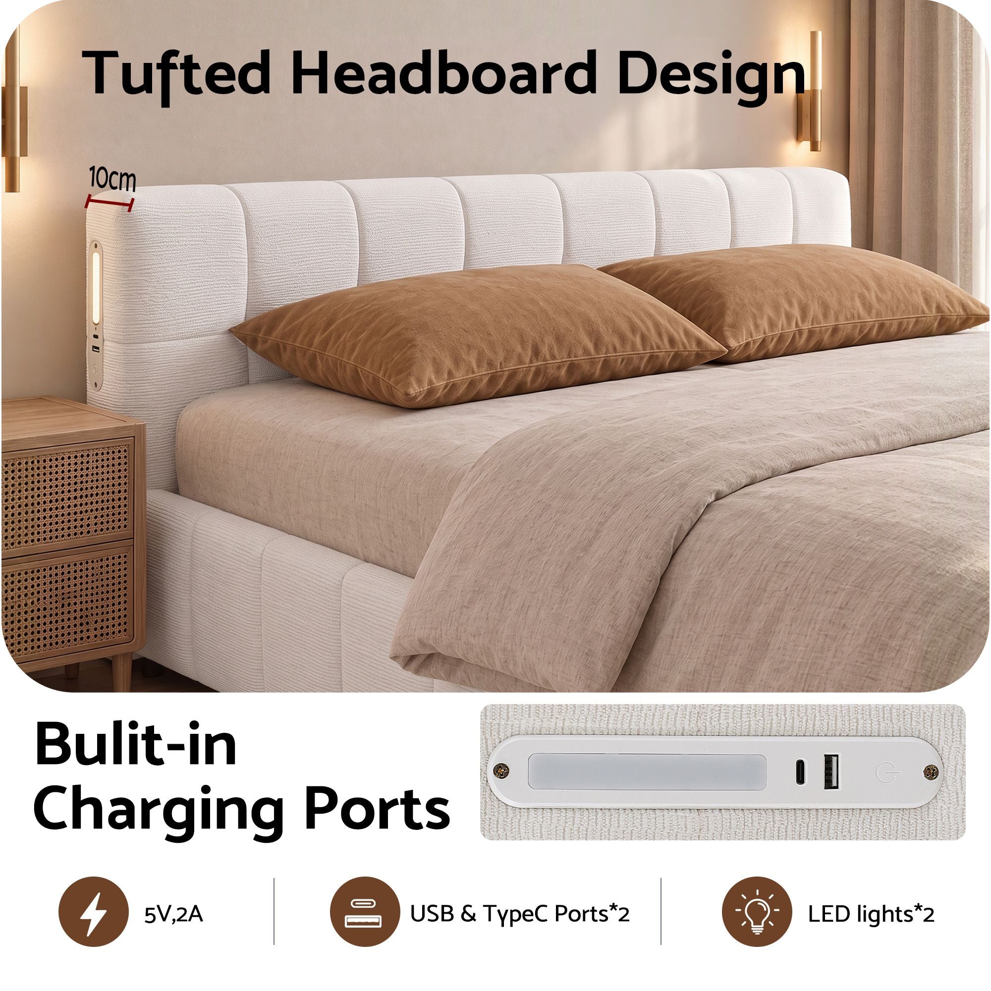 Artiss King Bed Frame with Charging, LED Lights & Tufted Headboard Bedworld