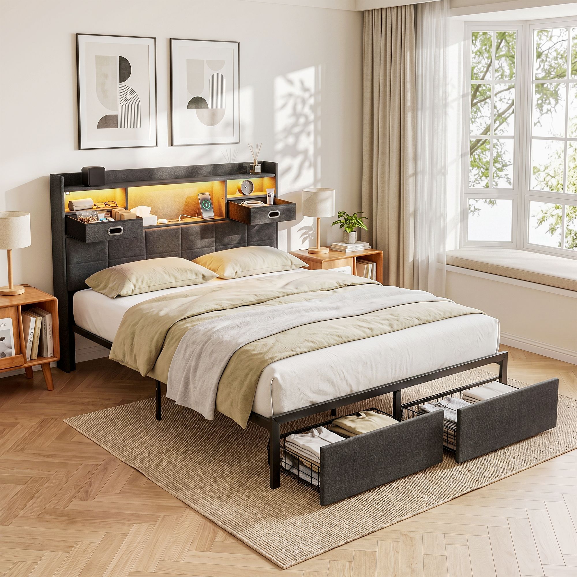 Artiss Queen Bed Frame with Storage Drawers & Headboard, 2 Drawer, USB, LED Bedworld