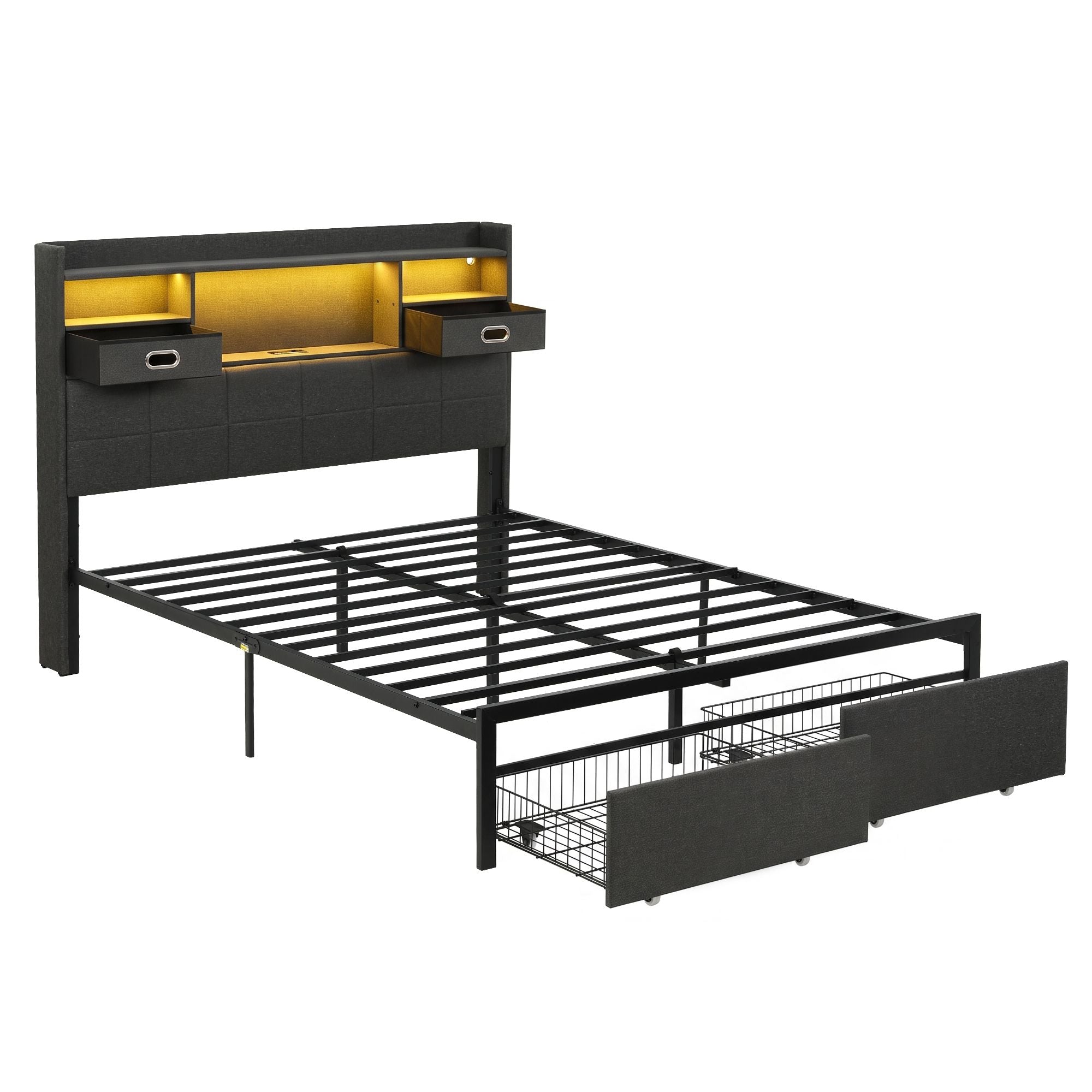 Artiss Queen Bed Frame with Storage Drawers & Headboard, 2 Drawer, USB, LED Bedworld
