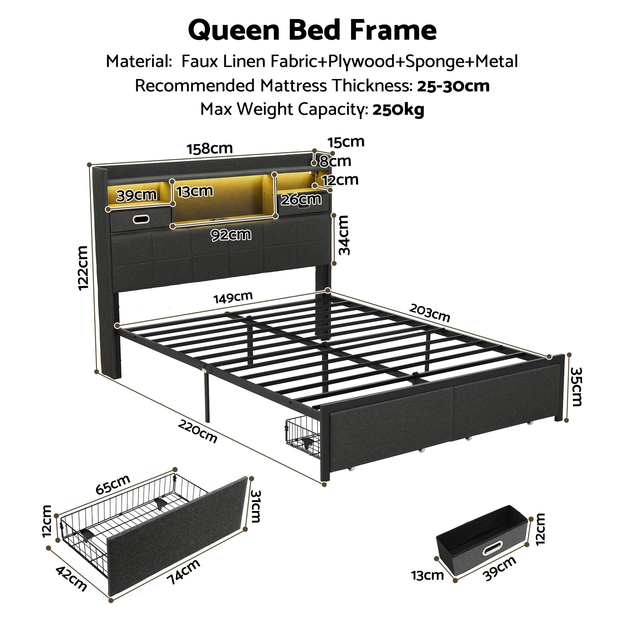 Artiss Queen Bed Frame with Storage Drawers & Headboard, 2 Drawer, USB, LED Bedworld