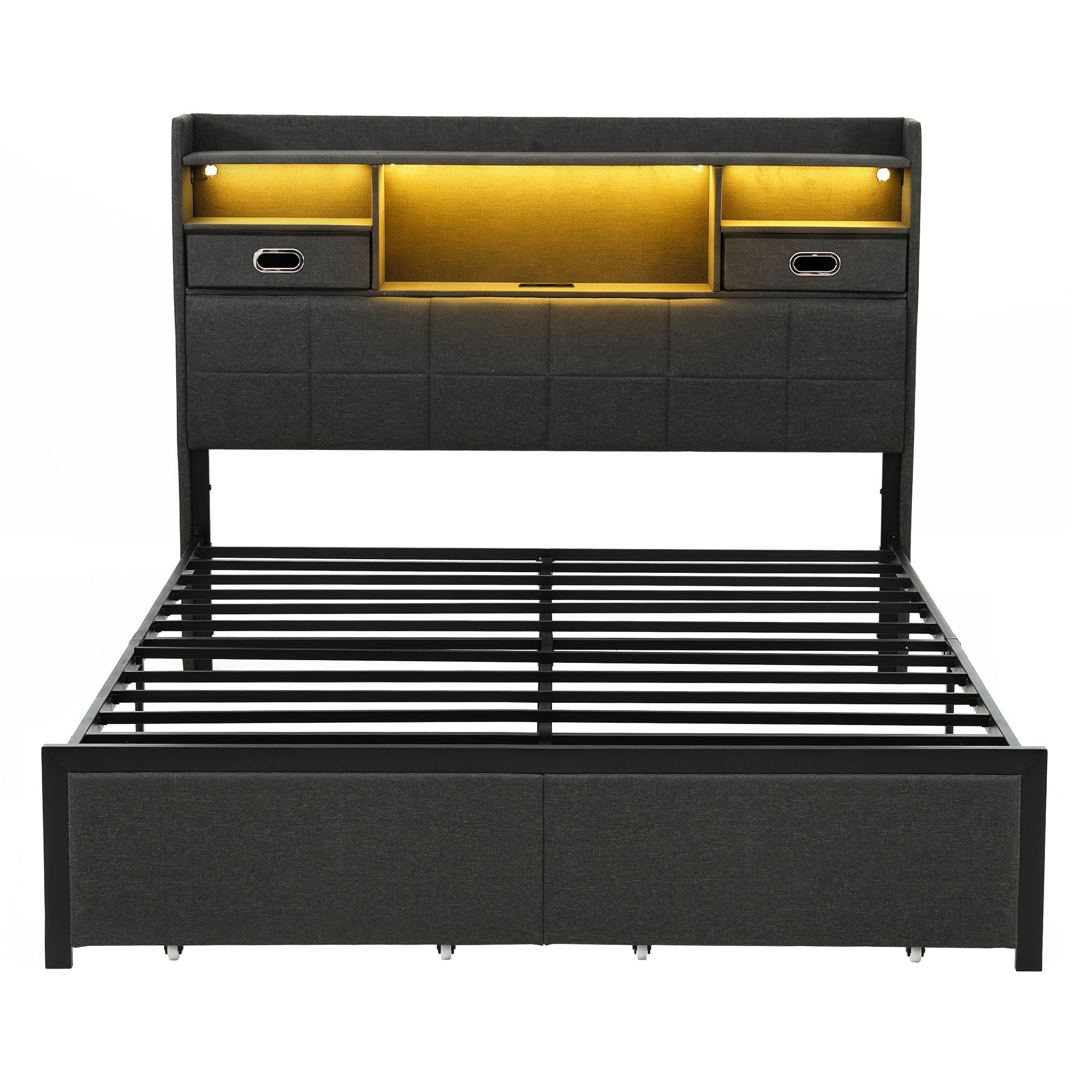 Artiss Queen Bed Frame with Storage Drawers & Headboard, 2 Drawer, USB, LED Bedworld