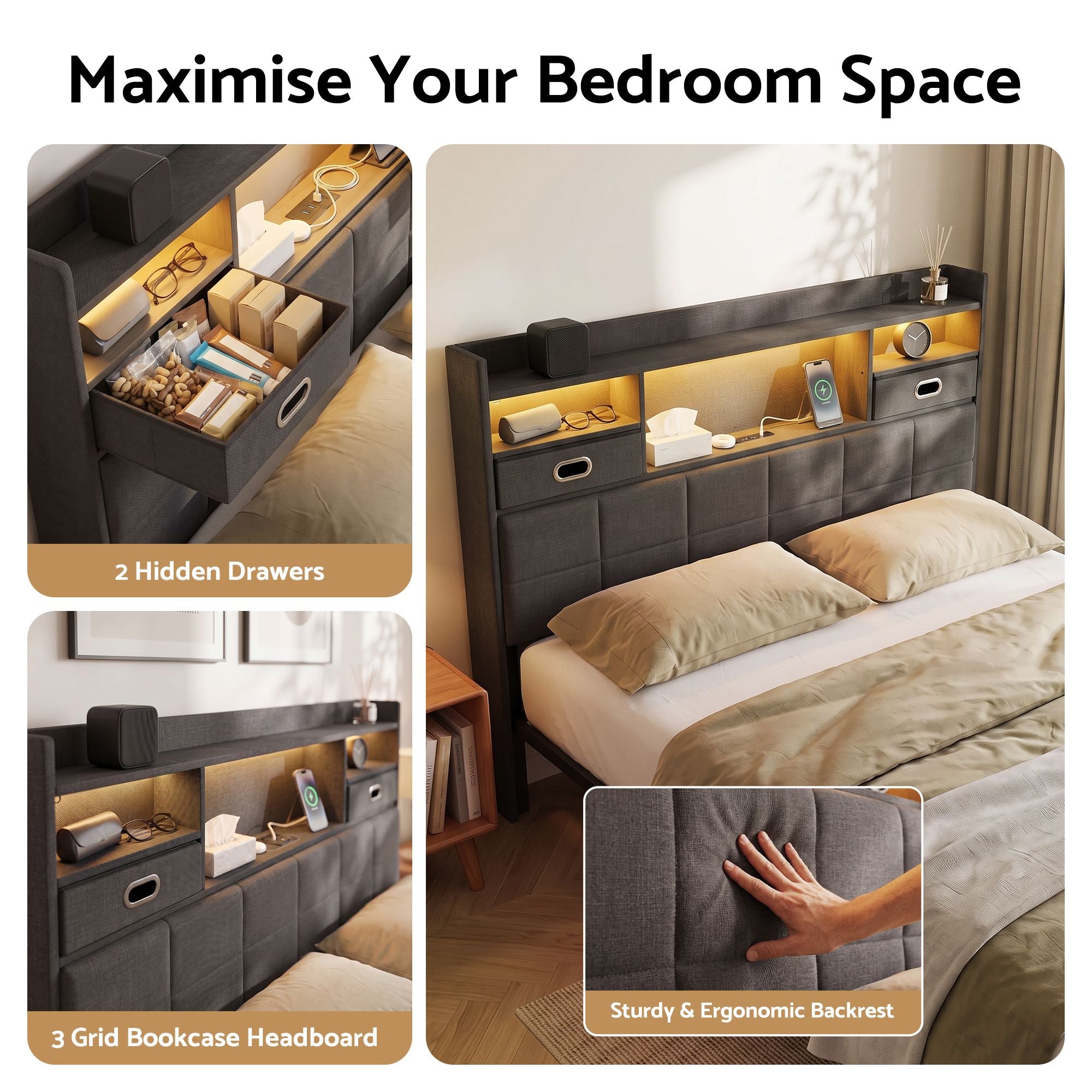 Artiss Queen Bed Frame with Storage Drawers & Headboard, 2 Drawer, USB, LED Bedworld
