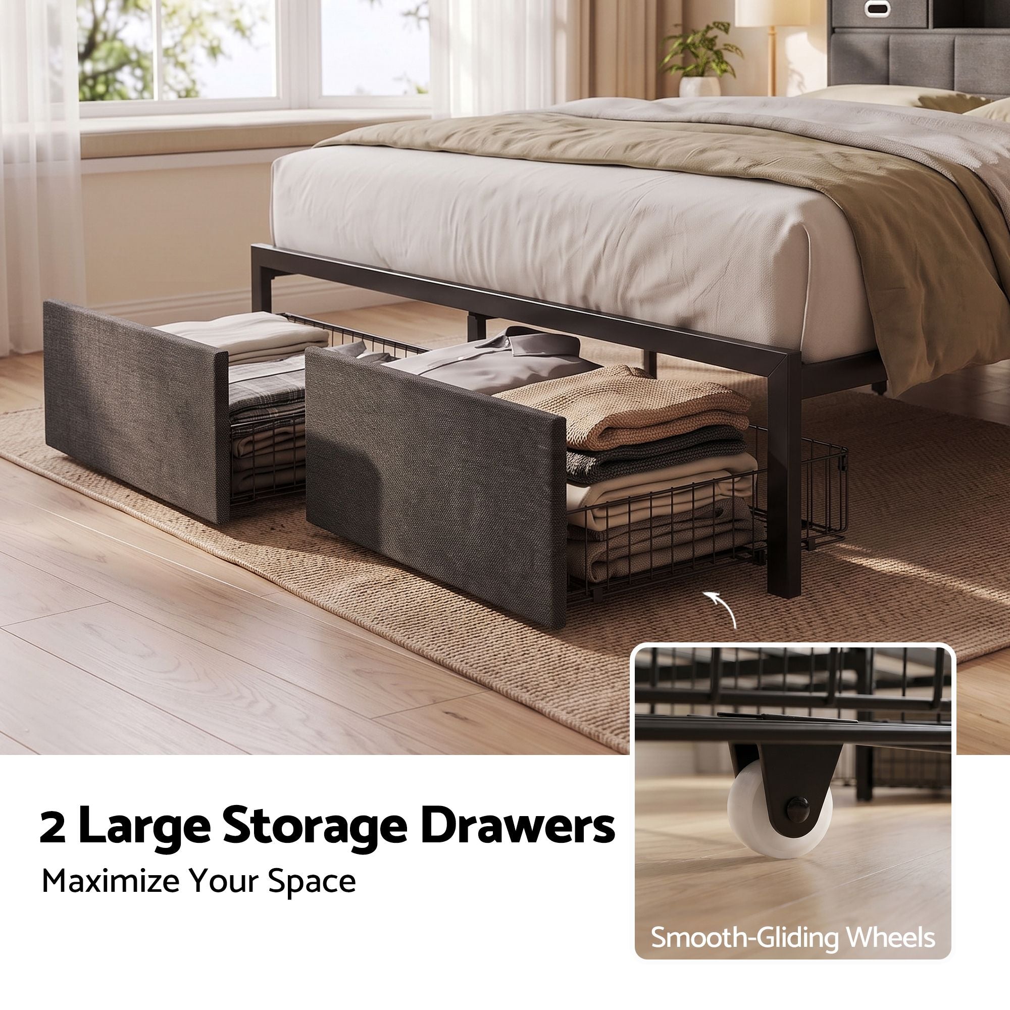 Artiss Queen Bed Frame with Storage Drawers & Headboard, 2 Drawer, USB, LED Bedworld