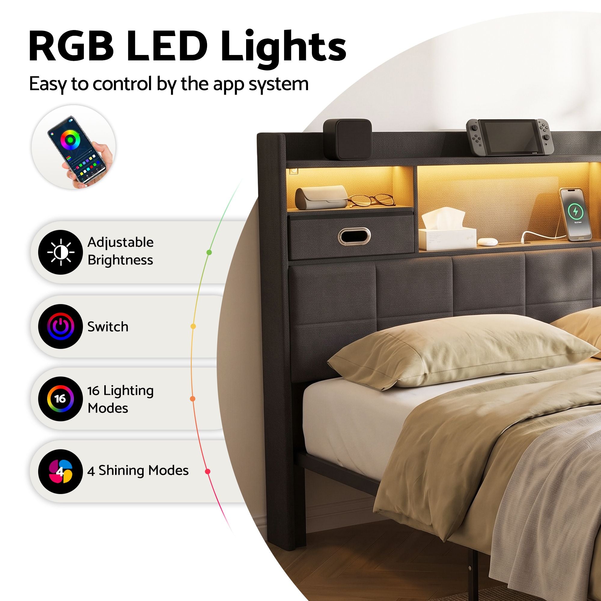 Artiss Queen Bed Frame with Storage Drawers & Headboard, 2 Drawer, USB, LED Bedworld