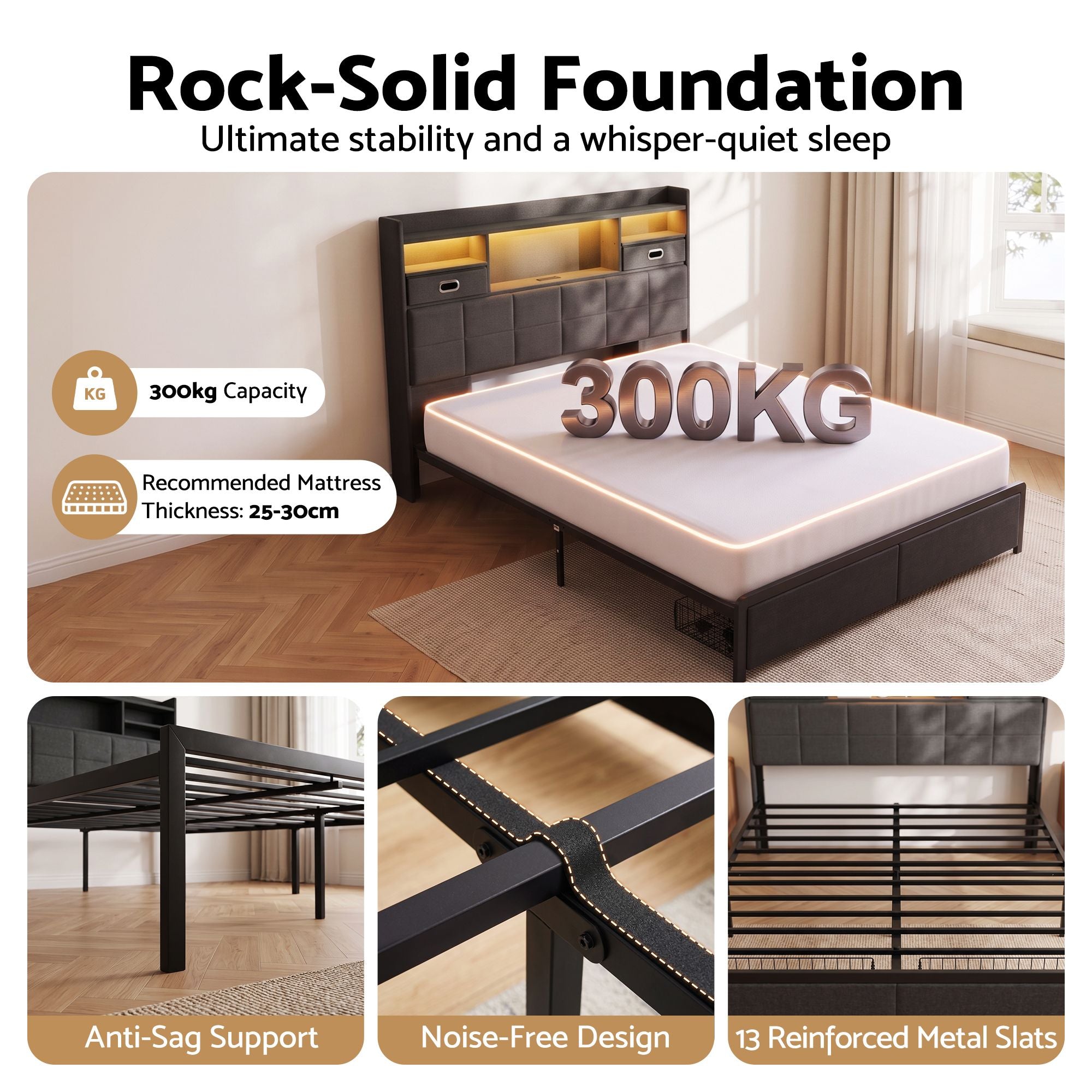 Artiss Queen Bed Frame with Storage Drawers & Headboard, 2 Drawer, USB, LED Bedworld