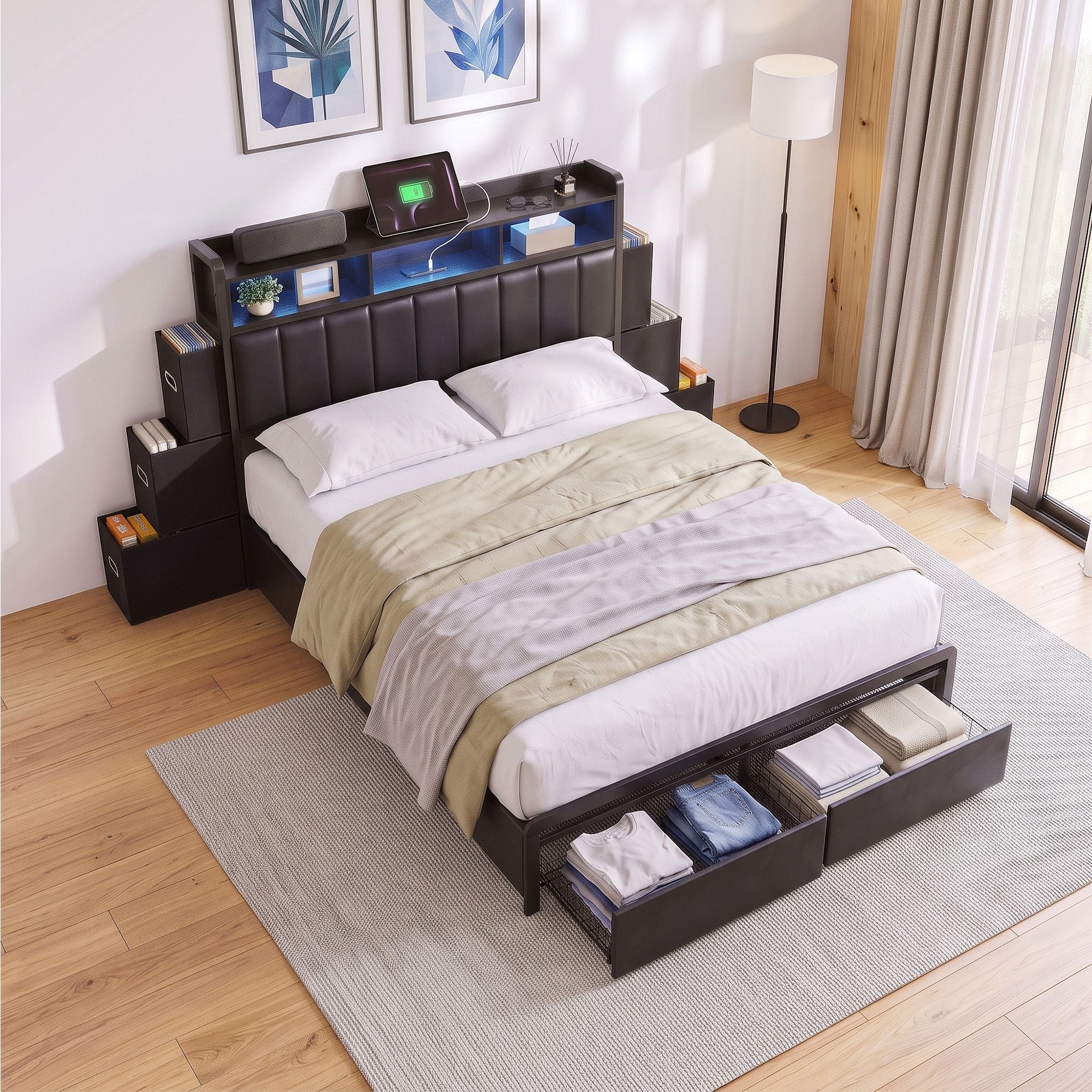 Artiss Double Bed Frame with Storage Headboard, 2 Drawers, Charging Station LED Light Bedworld