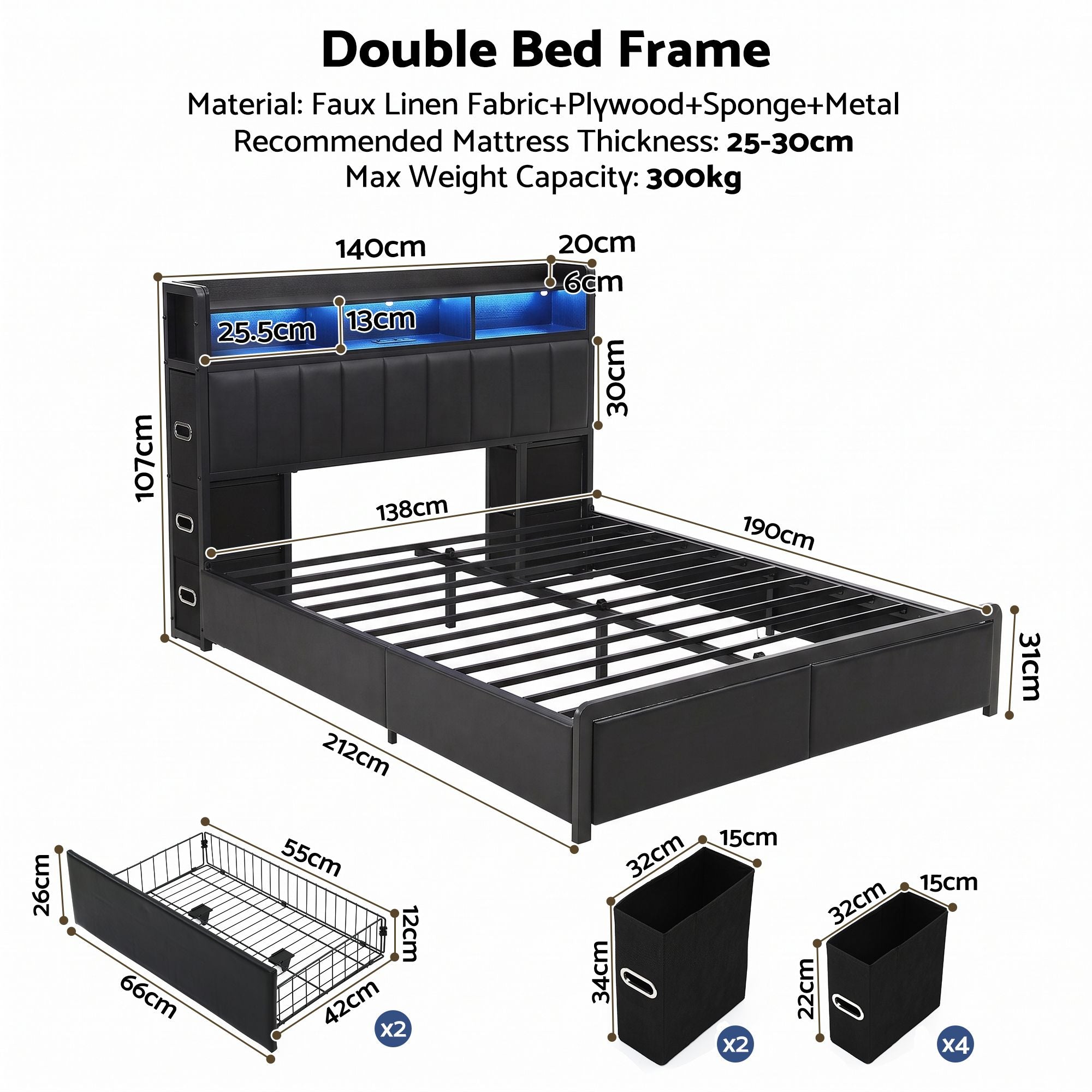 Artiss Double Bed Frame with Storage Headboard, 2 Drawers, Charging Station LED Light Bedworld