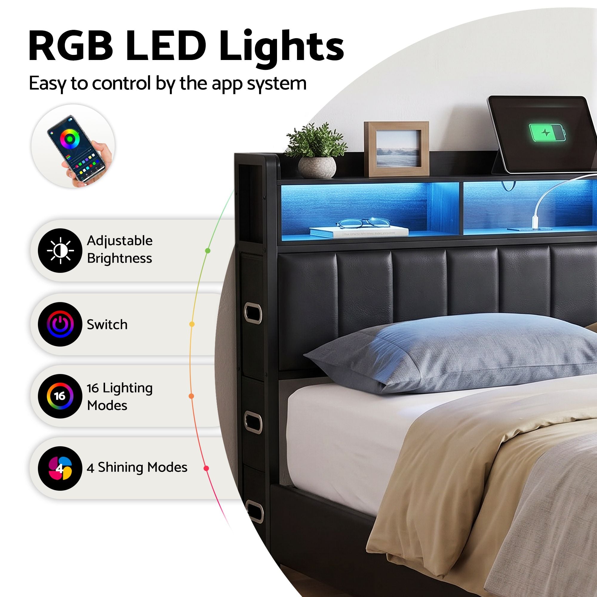 Artiss Double Bed Frame with Storage Headboard, 2 Drawers, Charging Station LED Light Bedworld