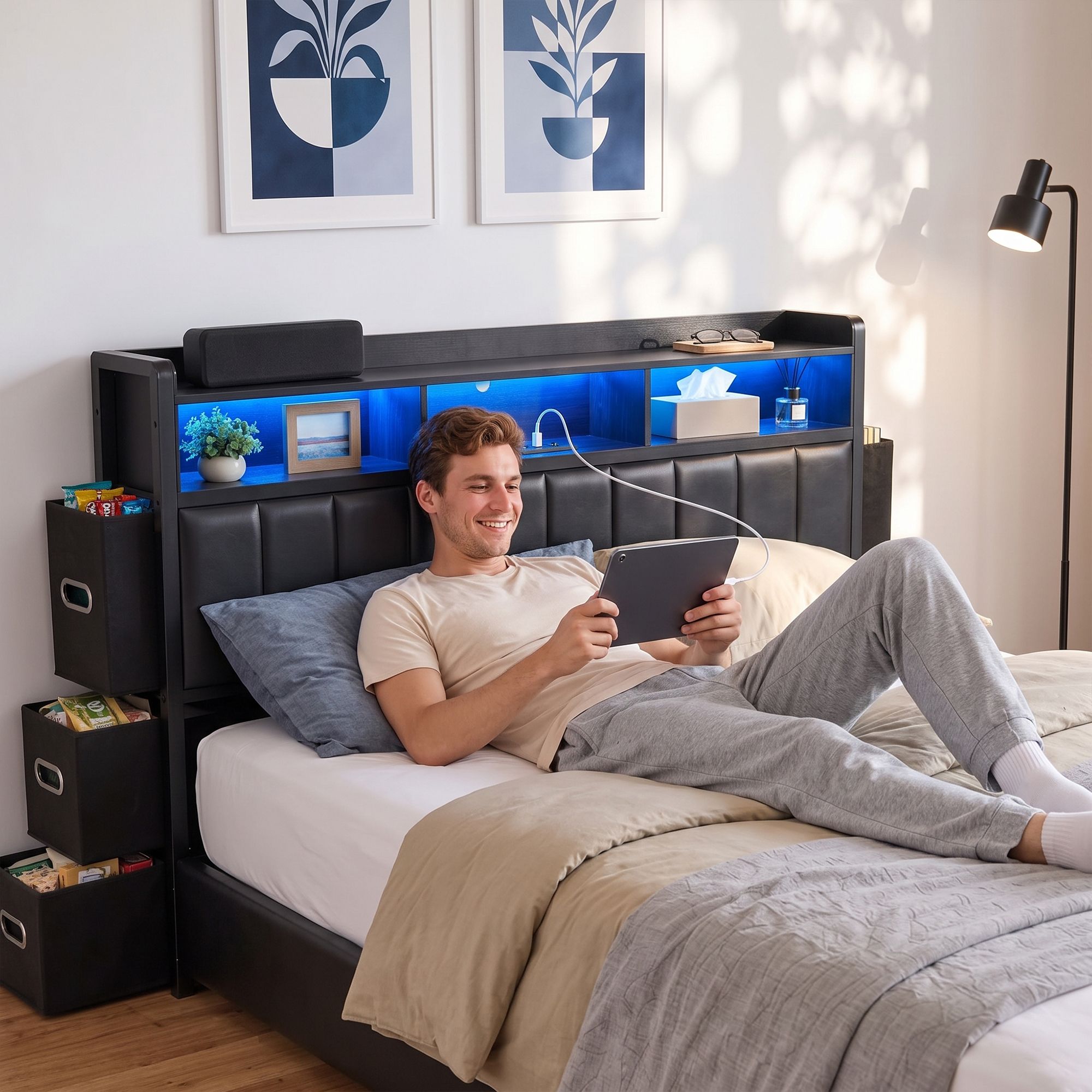 Artiss Double Bed Frame with Storage Headboard, 2 Drawers, Charging Station LED Light Bedworld