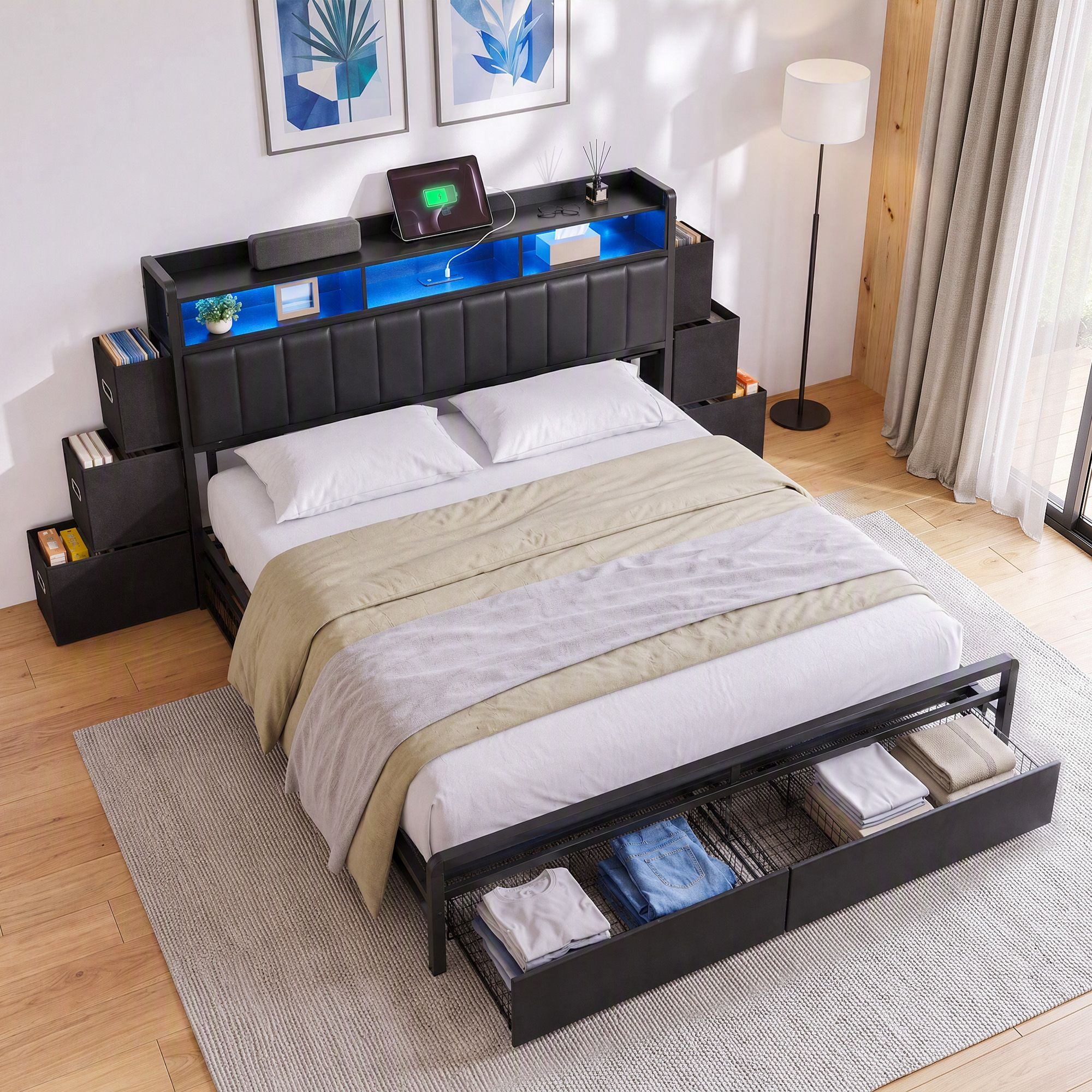 Artiss King Bed Frame with Storage Headboard, 2 Drawers, Charging Station & LED Light Bedworld