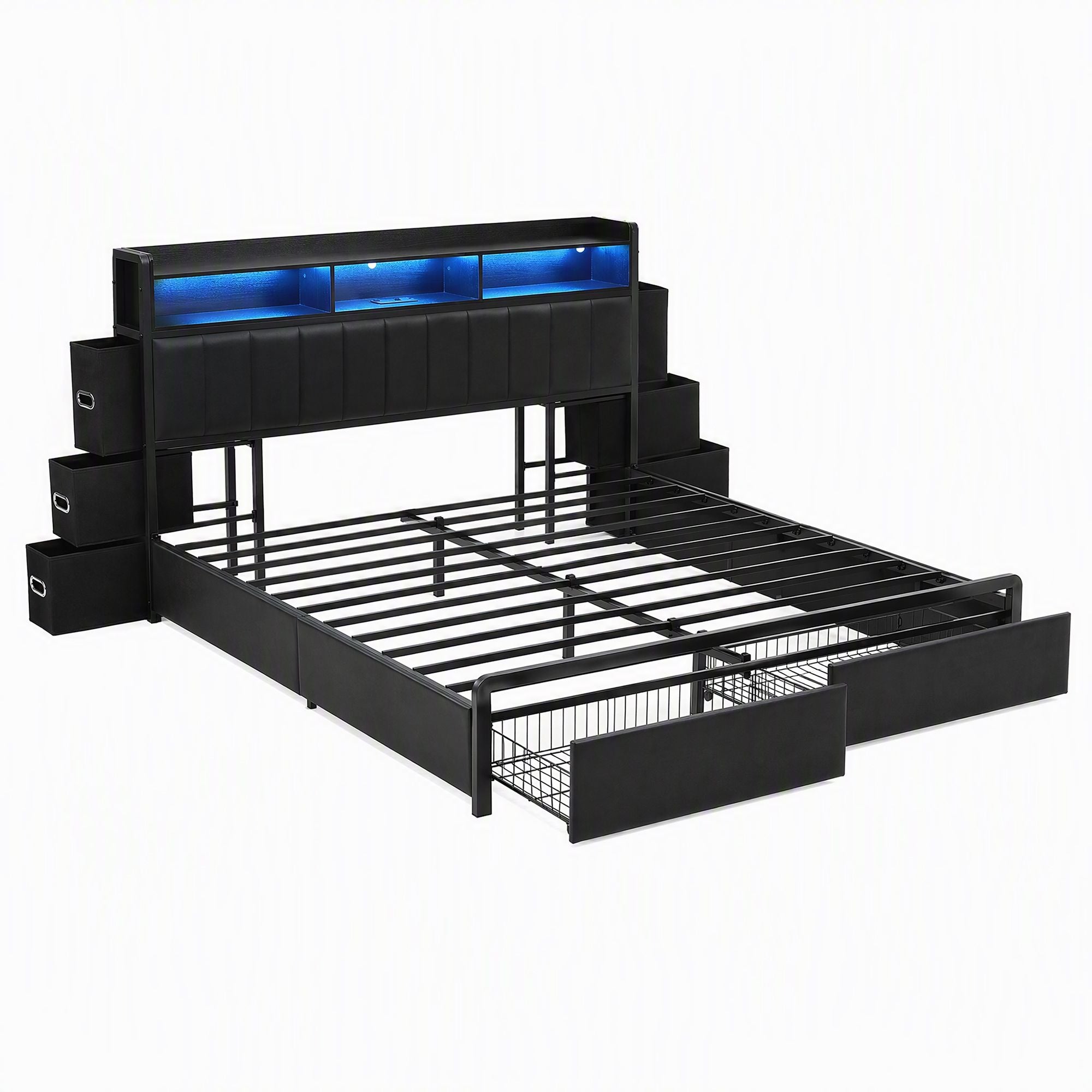 Artiss King Bed Frame with Storage Headboard, 2 Drawers, Charging Station & LED Light Bedworld