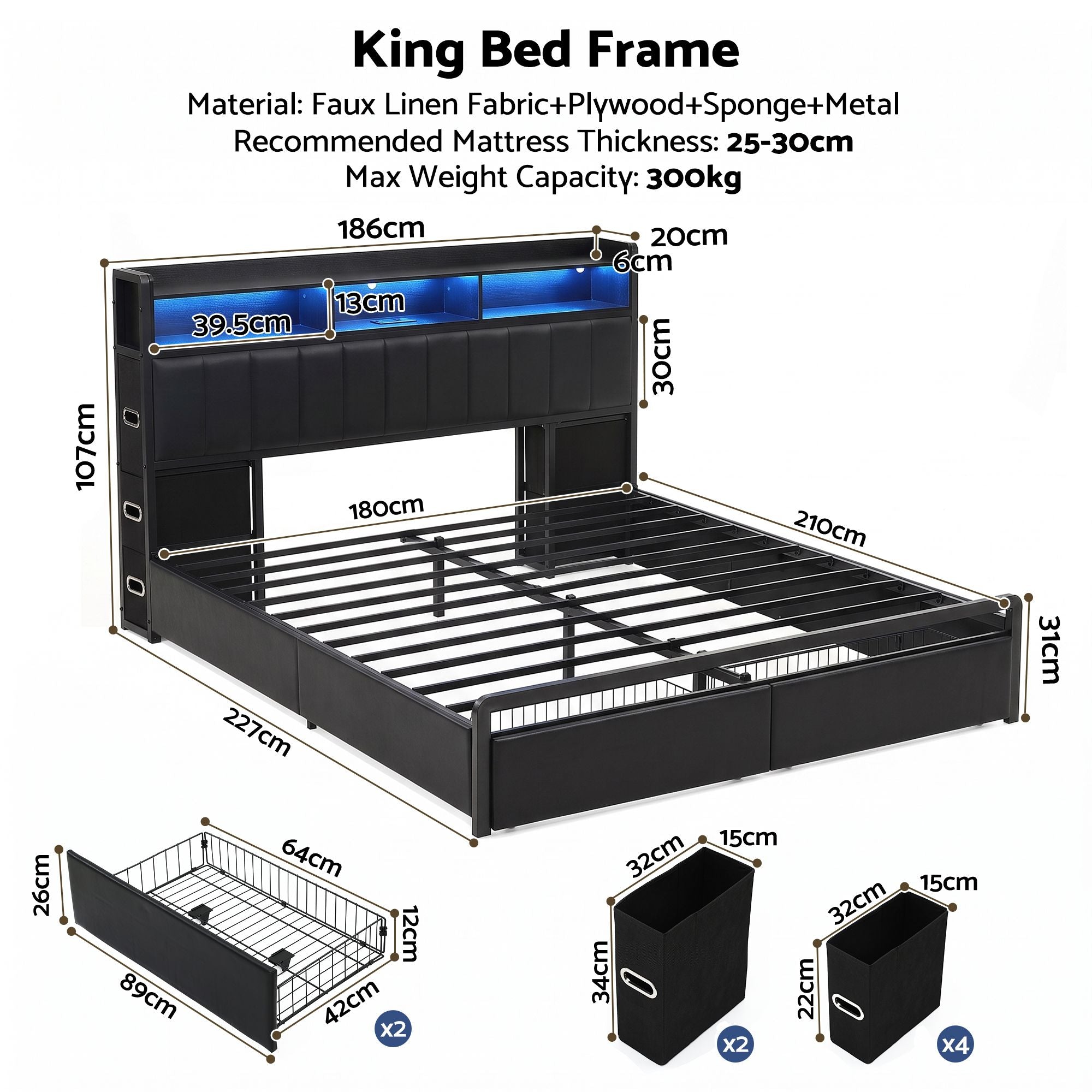 Artiss King Bed Frame with Storage Headboard, 2 Drawers, Charging Station & LED Light Bedworld