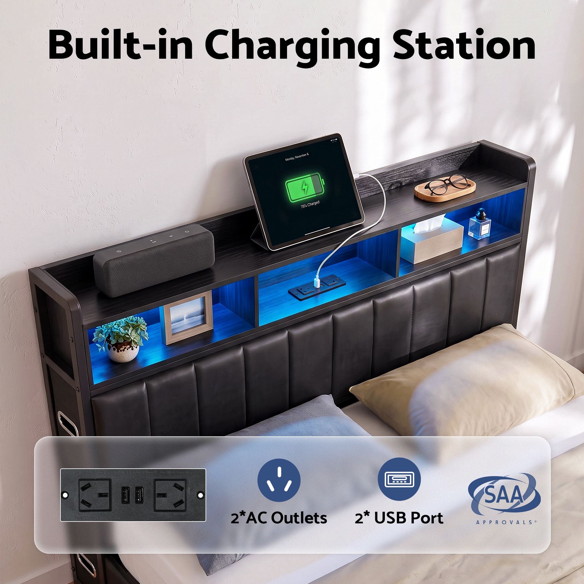 Artiss King Bed Frame with Storage Headboard, 2 Drawers, Charging Station & LED Light Bedworld
