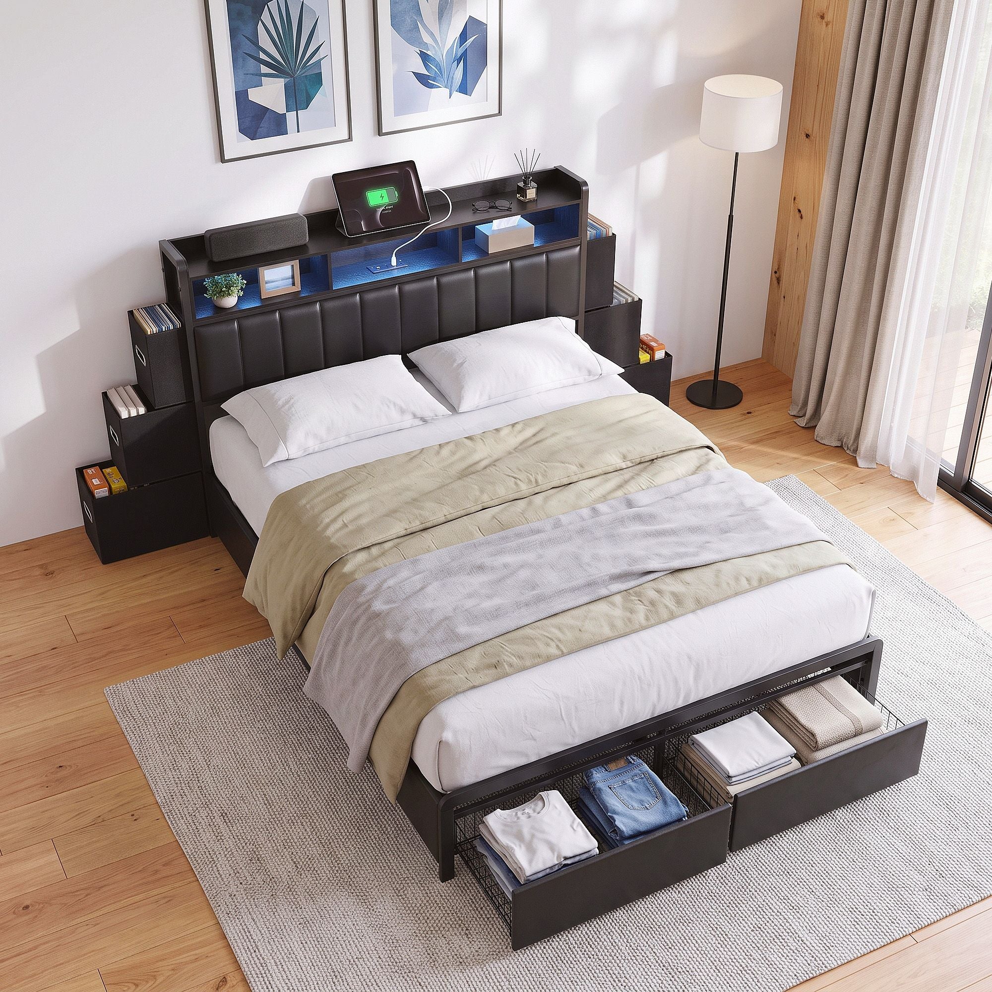 Artiss Queen Bed Frame with Storage Headboard, 2 Drawers, Charging Station& LED Light Bedworld