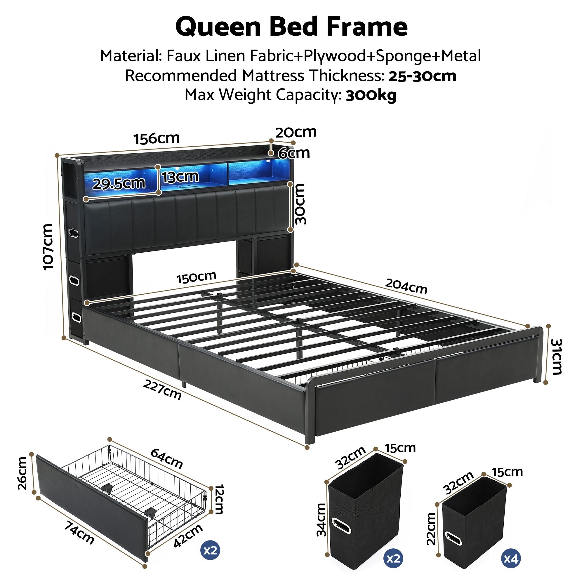 Artiss Queen Bed Frame with Storage Headboard, 2 Drawers, Charging Station& LED Light Bedworld
