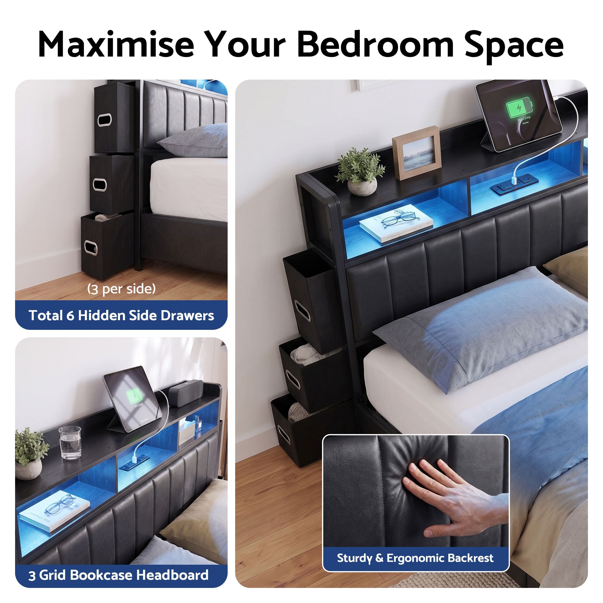 Artiss Queen Bed Frame with Storage Headboard, 2 Drawers, Charging Station& LED Light Bedworld