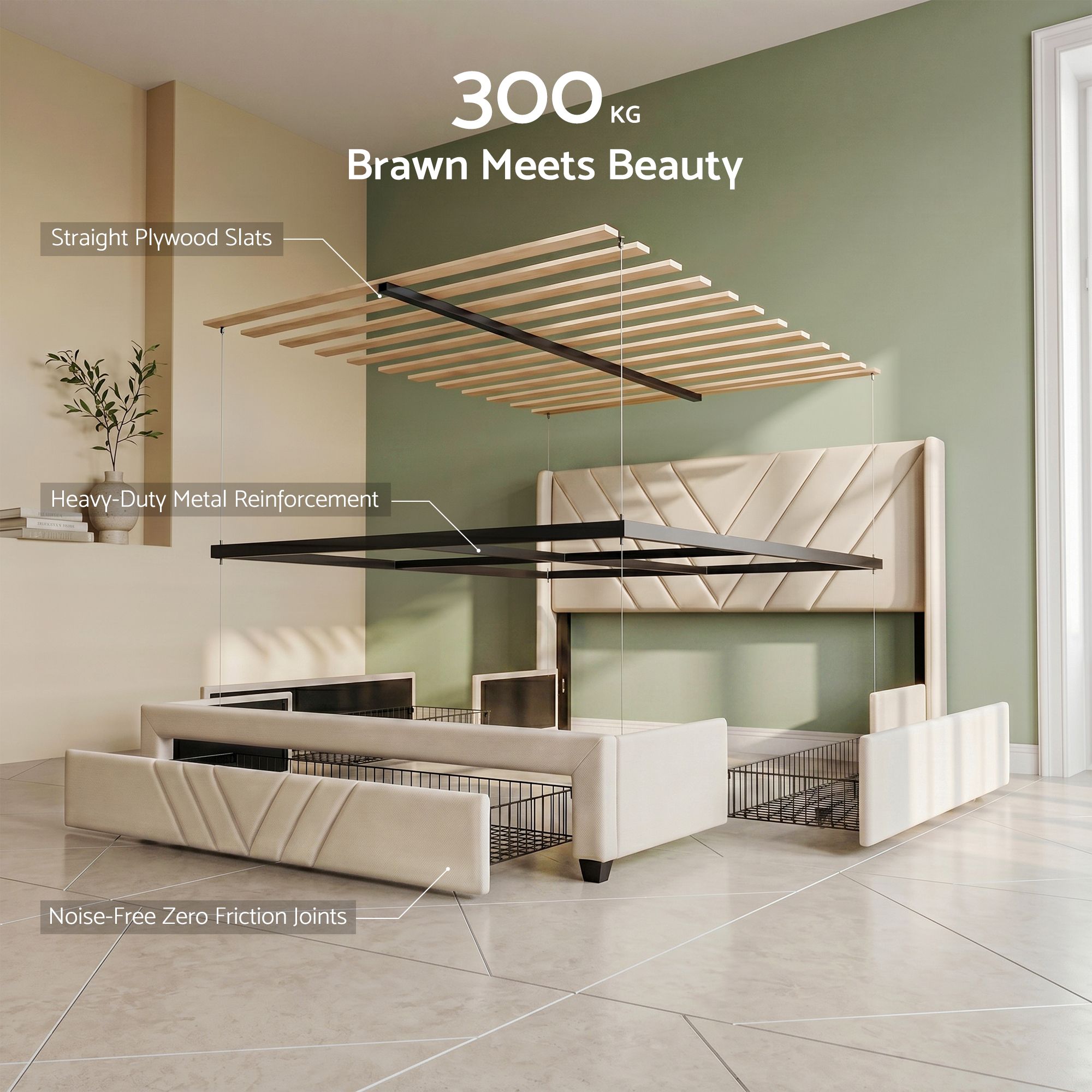 Artiss King Bed Frame with Charging Station and Storage Drawers Beige 300KG Noise Free Bedworld