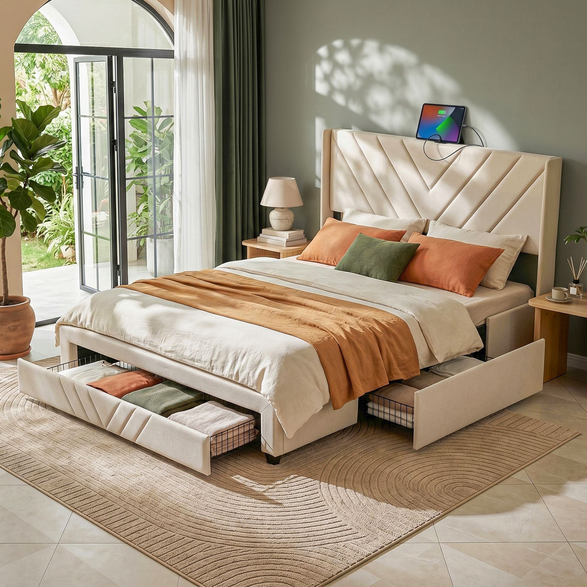 Artiss Queen Bed Frame with Charging Station and Storage Drawers Beige 300KG Noise Free Bedworld