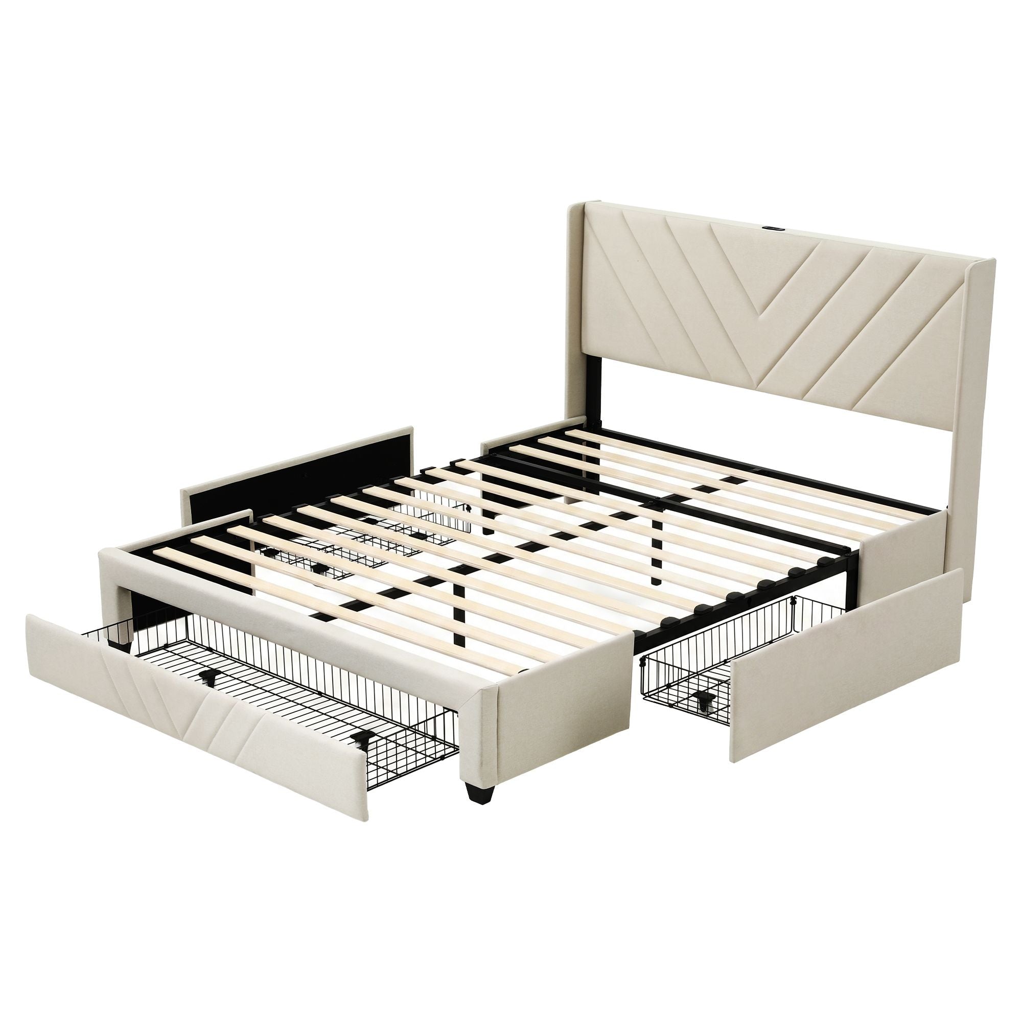 Artiss Queen Bed Frame with Charging Station and Storage Drawers Beige 300KG Noise Free Bedworld