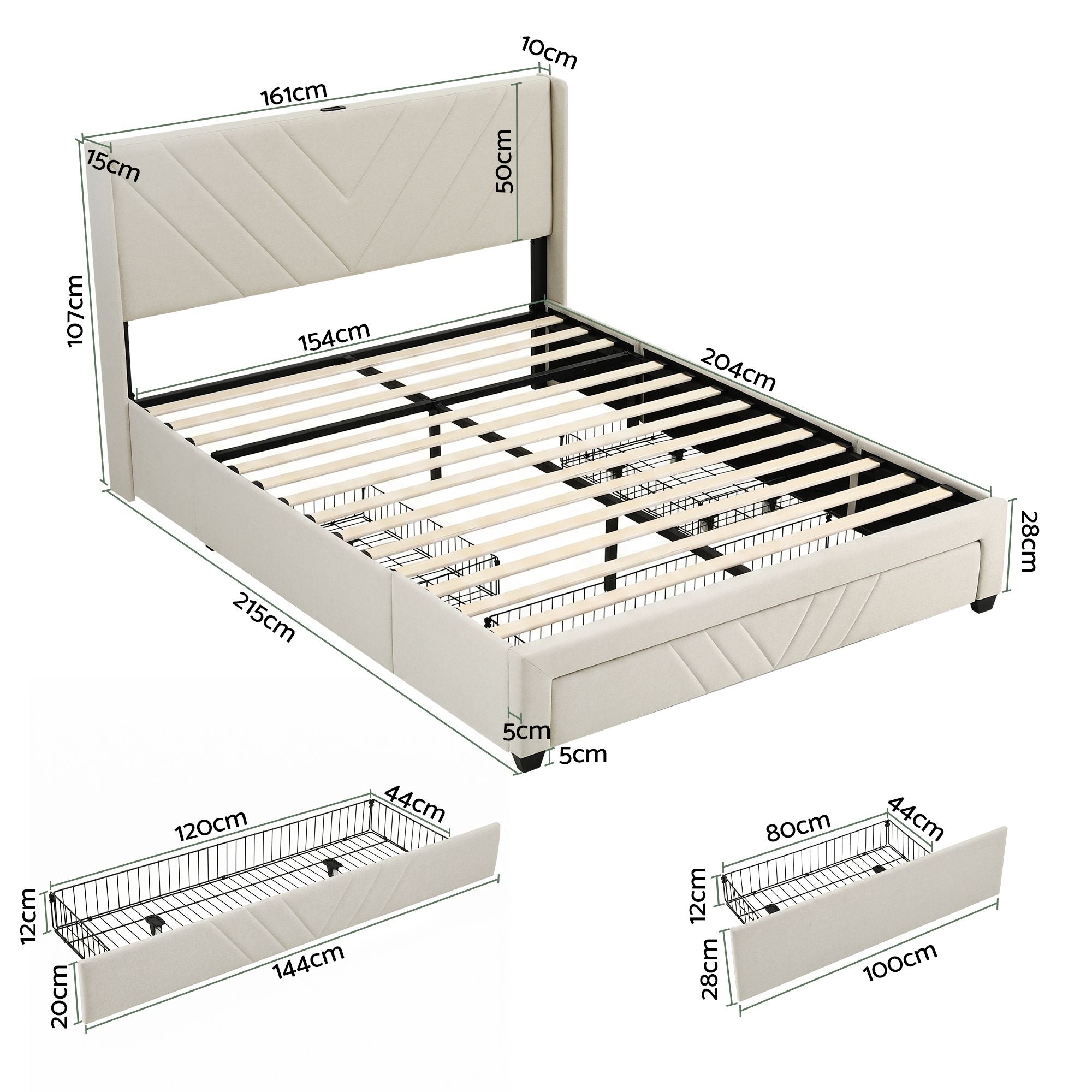 Artiss Queen Bed Frame with Charging Station and Storage Drawers Beige 300KG Noise Free Bedworld