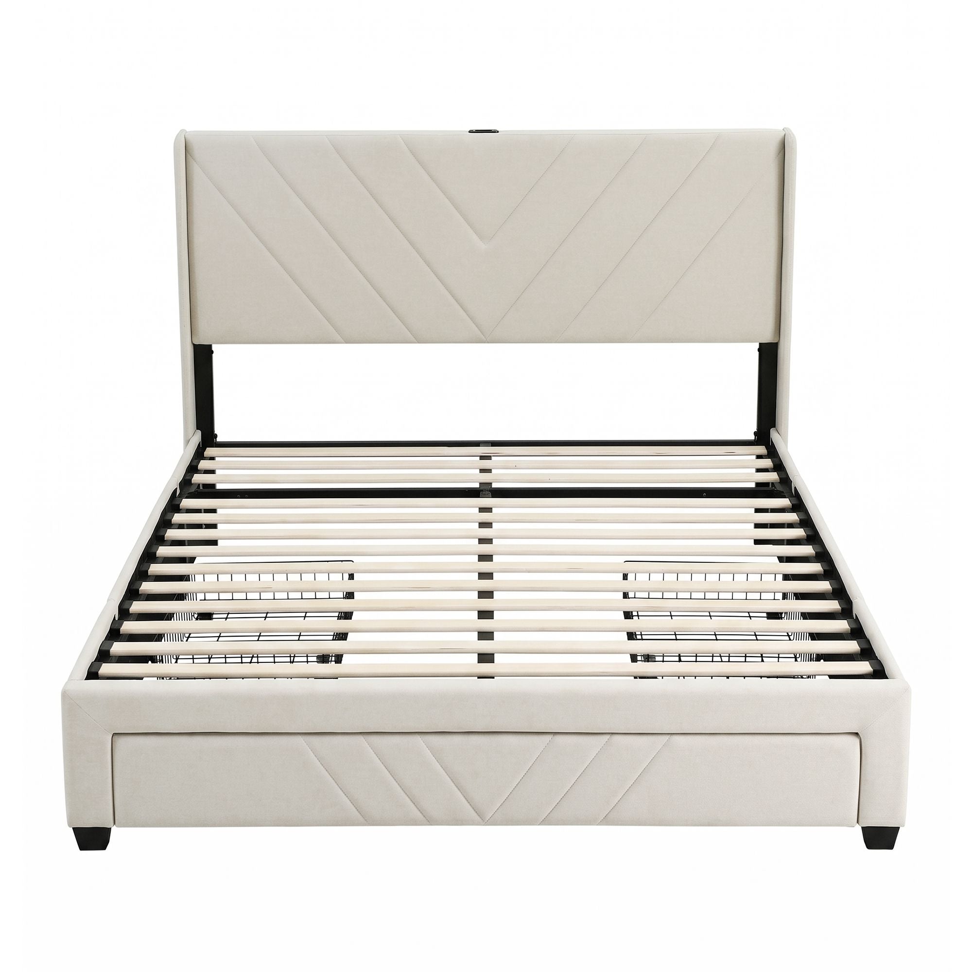 Artiss Queen Bed Frame with Charging Station and Storage Drawers Beige 300KG Noise Free Bedworld