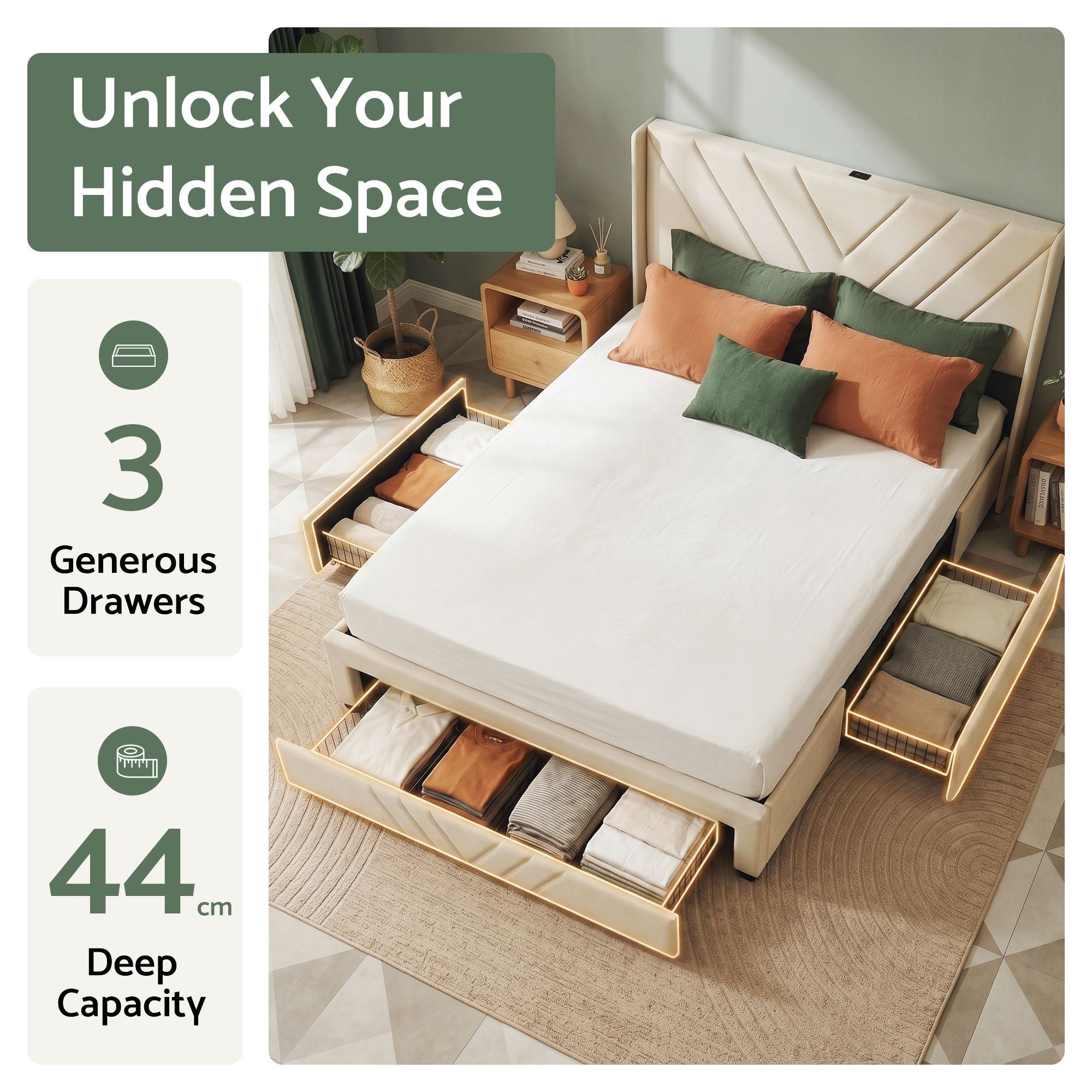 Artiss Queen Bed Frame with Charging Station and Storage Drawers Beige 300KG Noise Free Bedworld