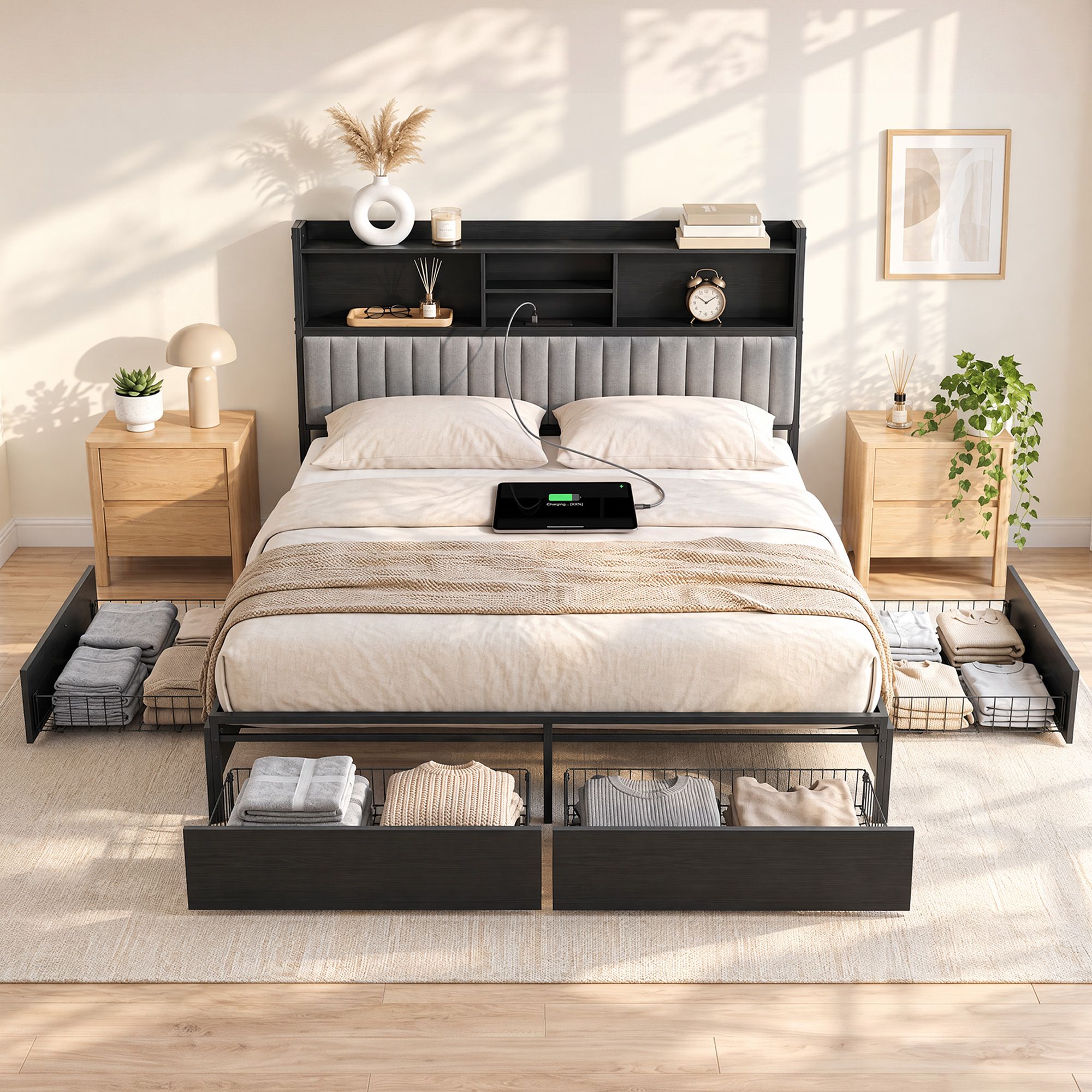Artiss King Bed Frame with Storage, 4 Drawers and Charging Station Bedworld