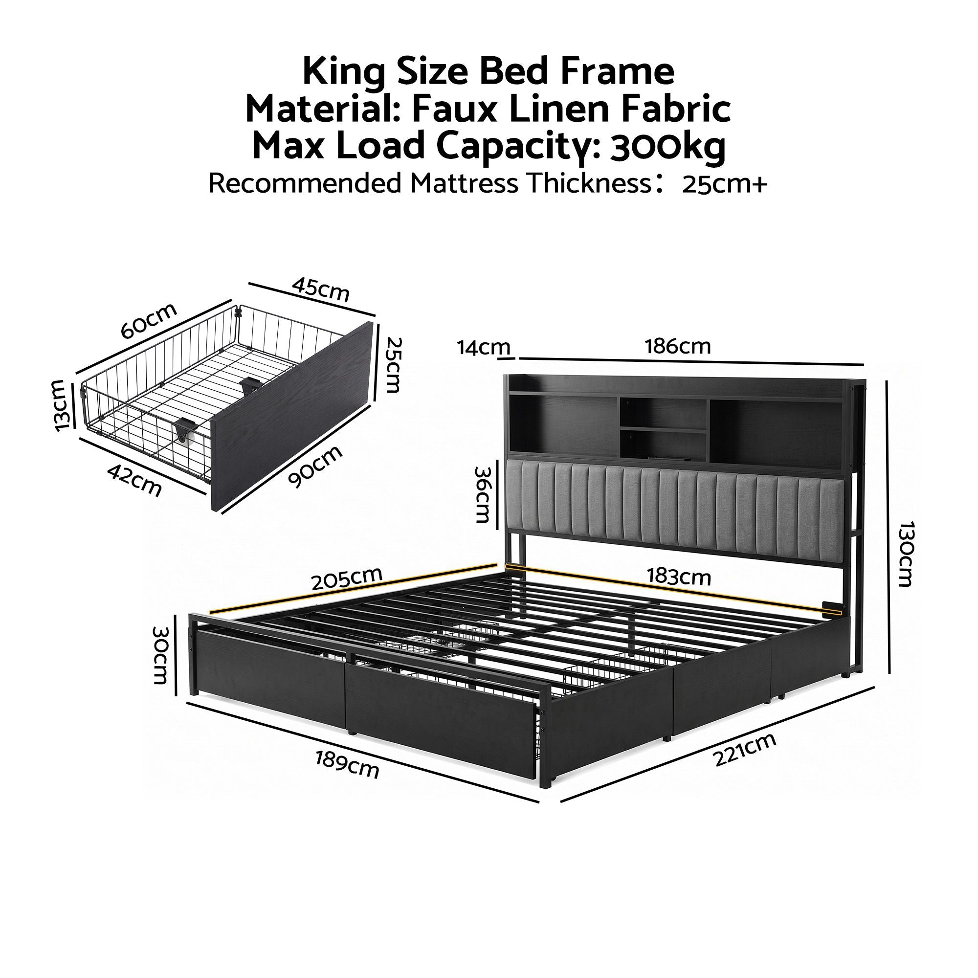 Artiss King Bed Frame with Storage, 4 Drawers and Charging Station Bedworld