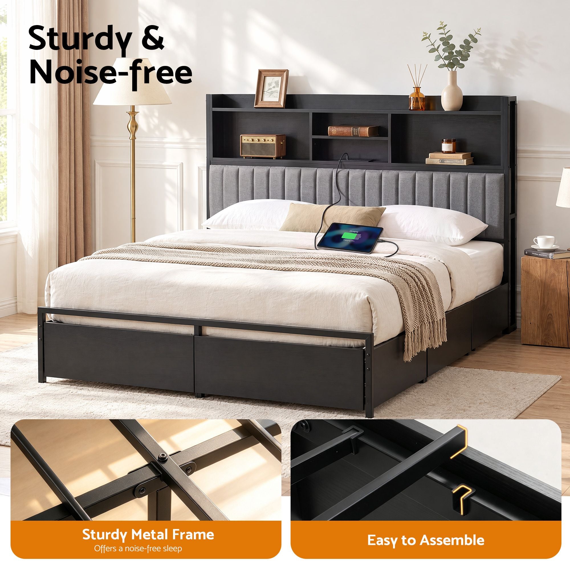 Artiss King Bed Frame with Storage, 4 Drawers and Charging Station Bedworld