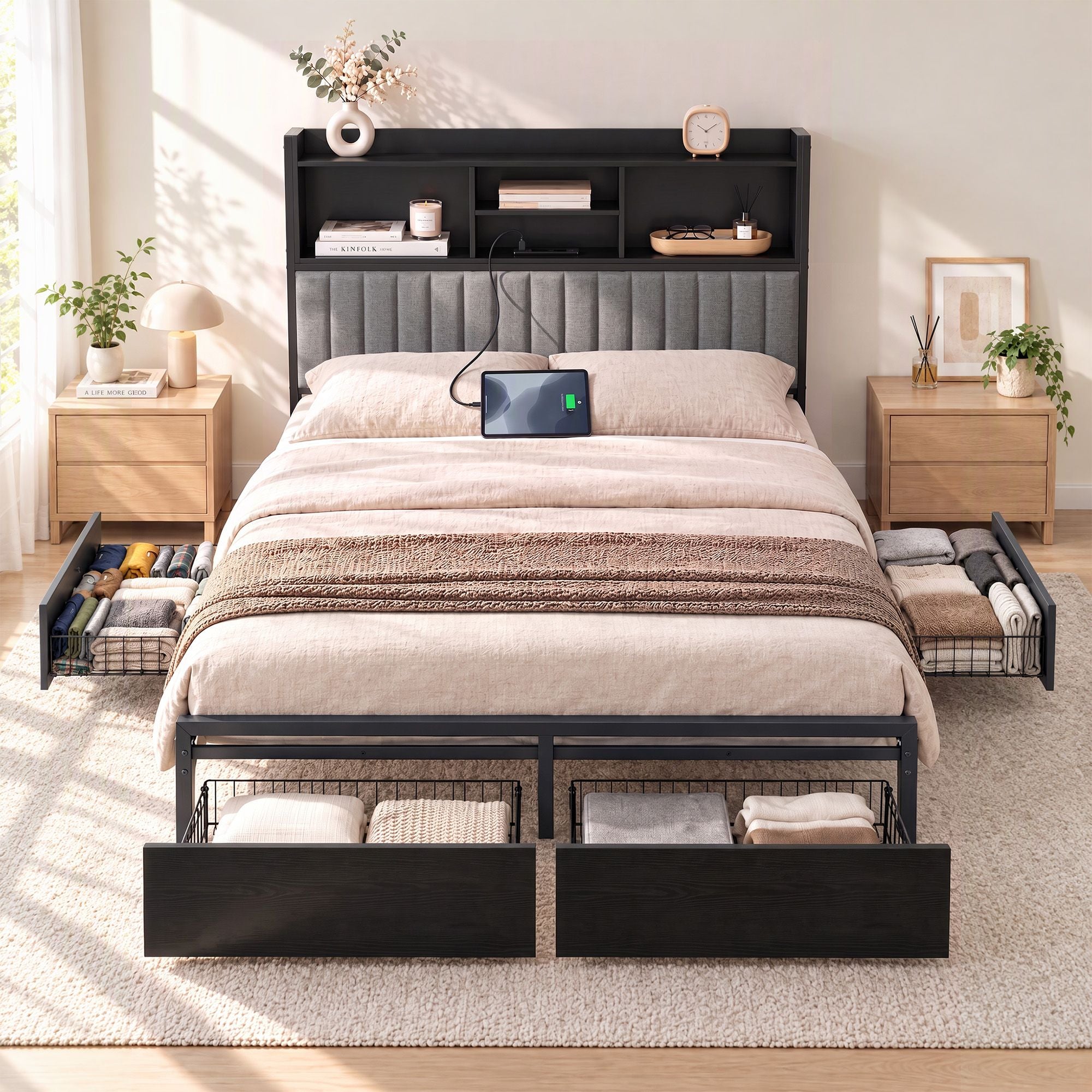 Artiss Queen Bed Frame with Storage, 4 Drawers and Charging Station Bedworld