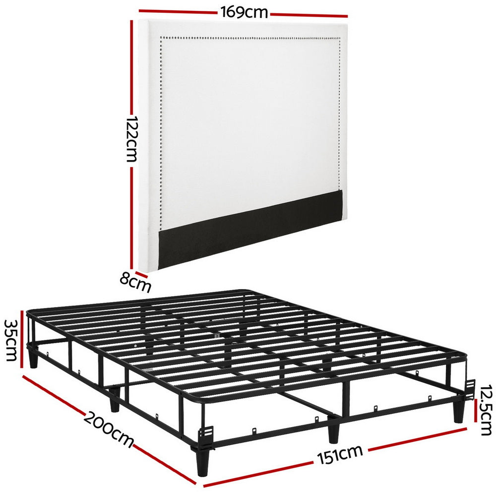 Queen bed frame platform base with black metal slats and legs, no mattress shown