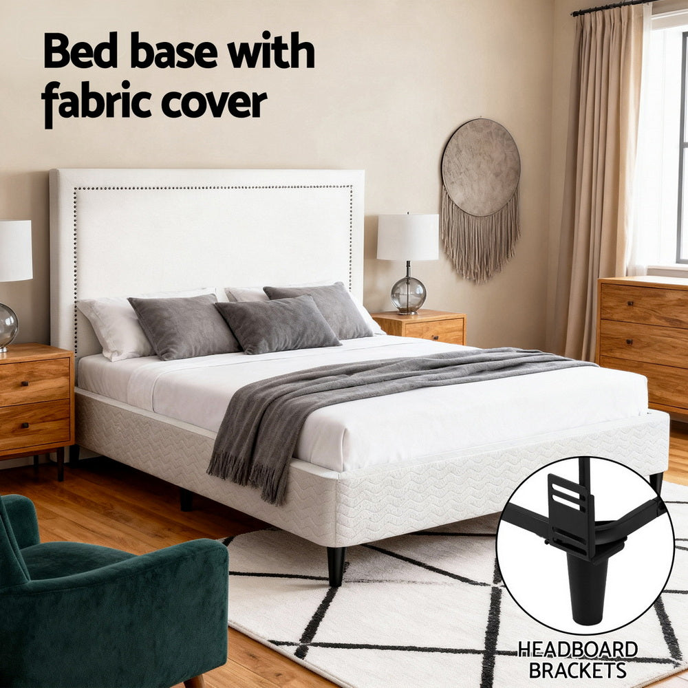 Queen bed frame with fabric-covered headboard and platform base, grey fabric