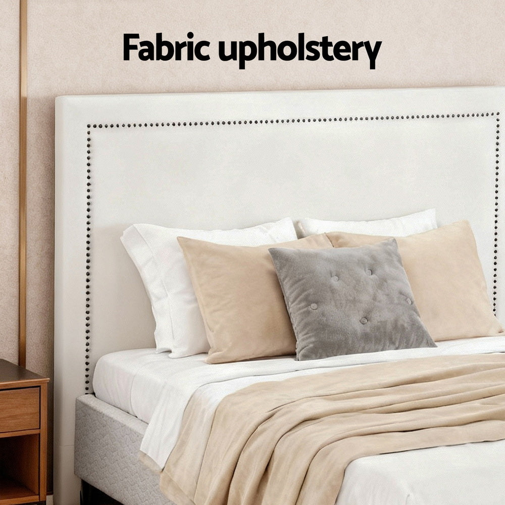 Queen upholstered bed frame with headboard and fabric platform base, light grey cover