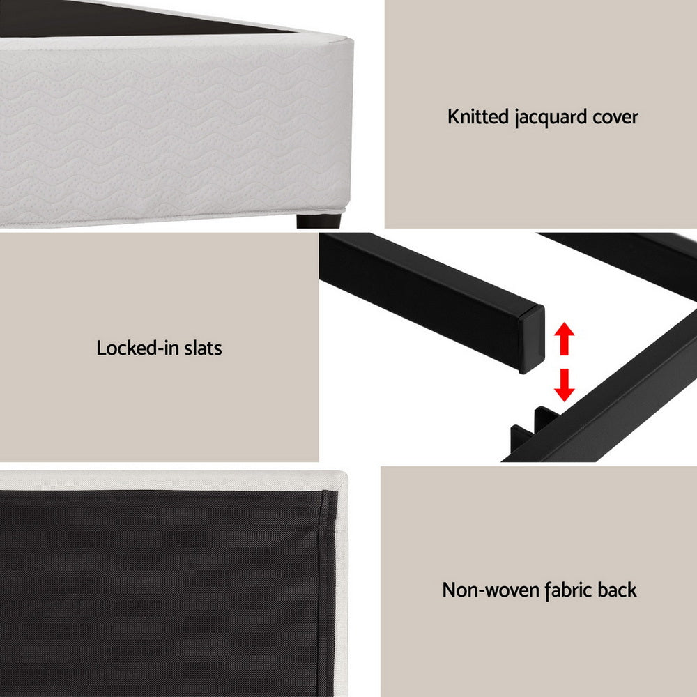Queen bed frame corner view showing locked-in slats and non-woven back