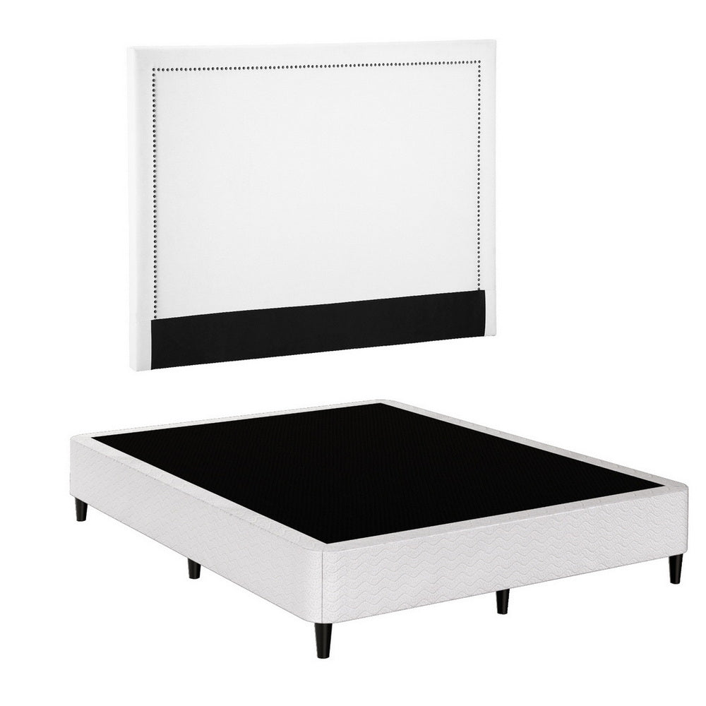 Queen platform bed frame with upholstered headboard and black base, light grey fabric