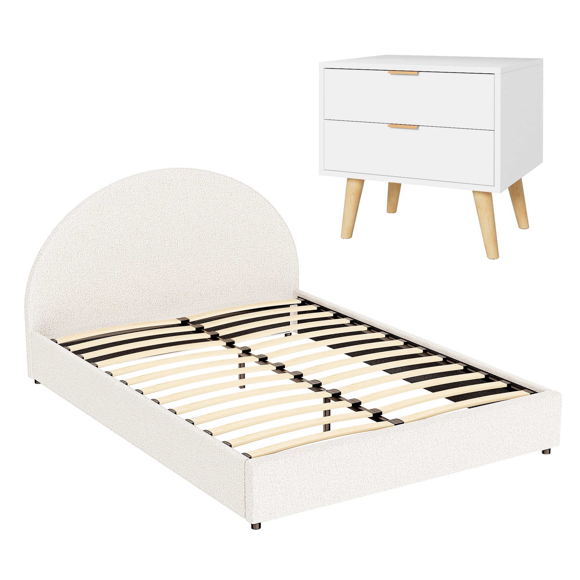 Artiss Queen Bed Frame Bedside Table Set Gas Lift Storage Base with Boucle Fabric Upholstered Headboard 2 Drawer Nightstand for Bedroom Furniture Bedworld