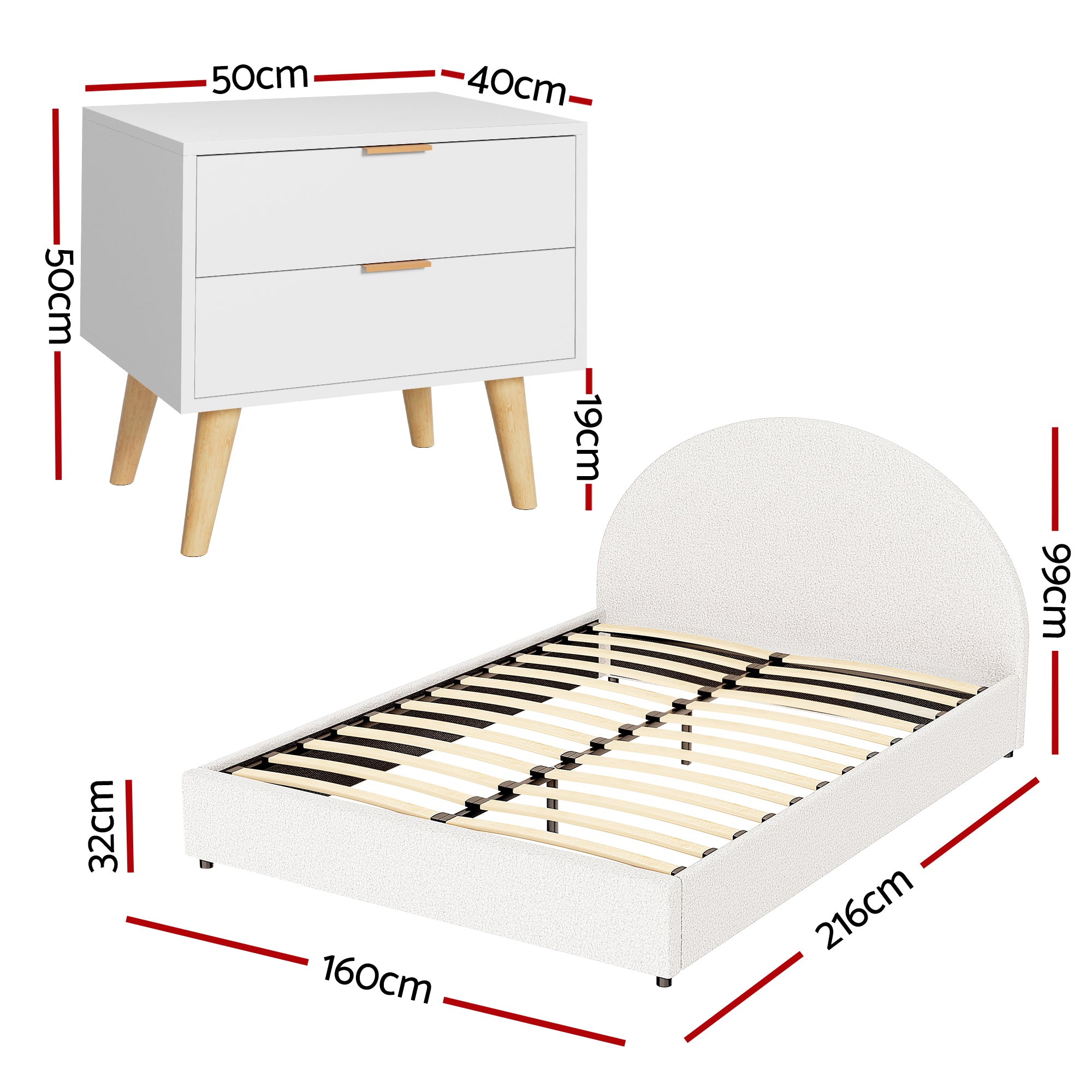 Artiss Queen Bed Frame Bedside Table Set Gas Lift Storage Base with Boucle Fabric Upholstered Headboard 2 Drawer Nightstand for Bedroom Furniture Bedworld