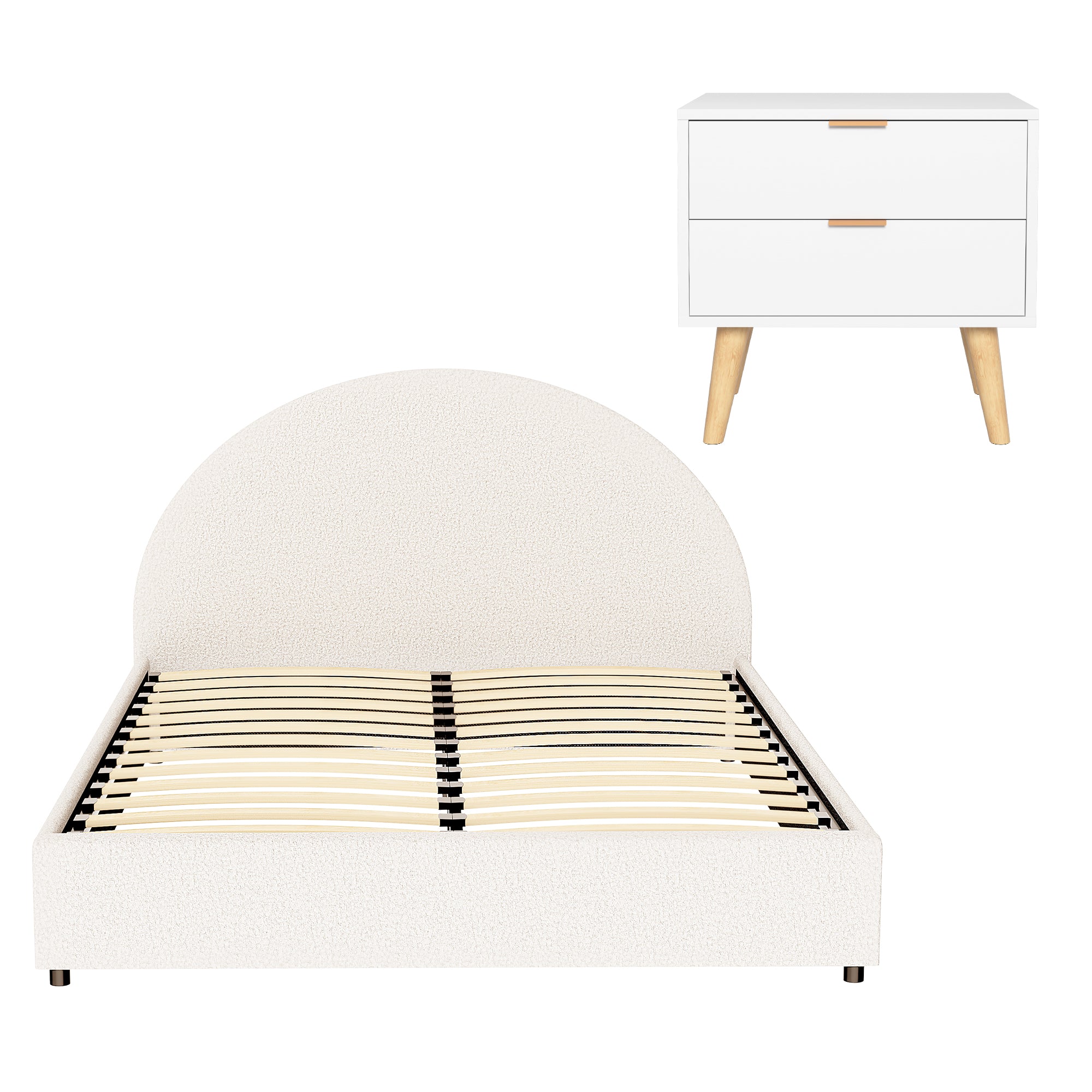 Artiss Queen Bed Frame Bedside Table Set Gas Lift Storage Base with Boucle Fabric Upholstered Headboard 2 Drawer Nightstand for Bedroom Furniture Bedworld