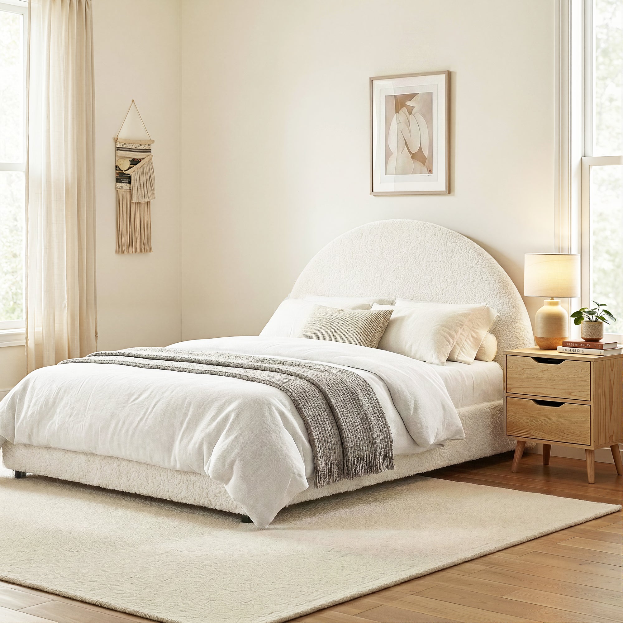 Artiss Gas Lift Queen Bed Frame with Bedside Table Set Boucle Fabric Upholstered Platform Bed Nightstand Bedworld