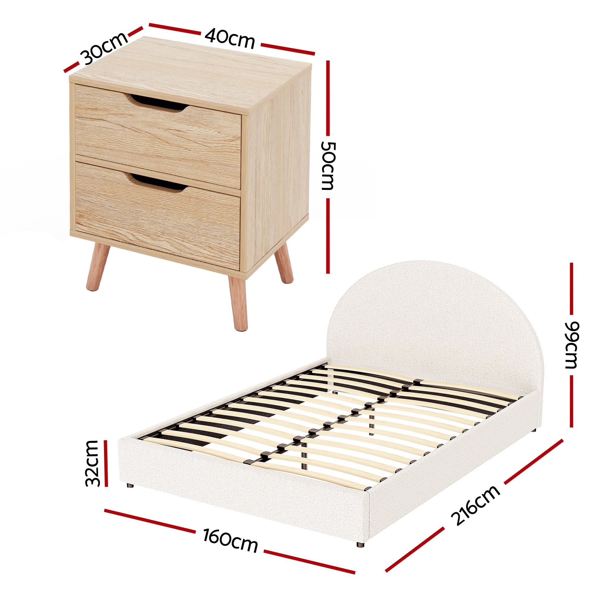 Artiss Gas Lift Queen Bed Frame with Bedside Table Set Boucle Fabric Upholstered Platform Bed Nightstand Bedworld