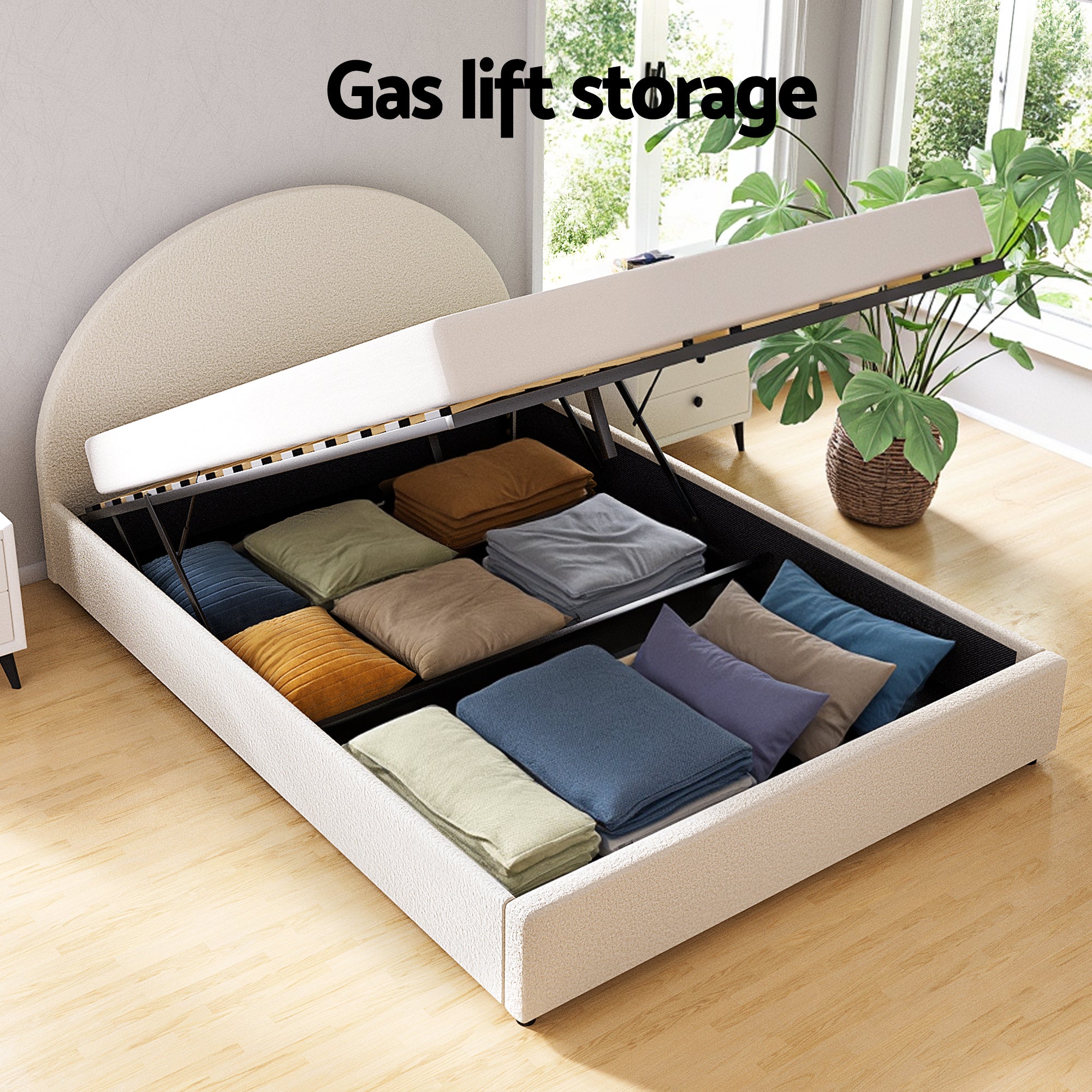 Artiss Gas Lift Queen Bed Frame with Bedside Table Set Boucle Fabric Upholstered Platform Bed Nightstand Bedworld